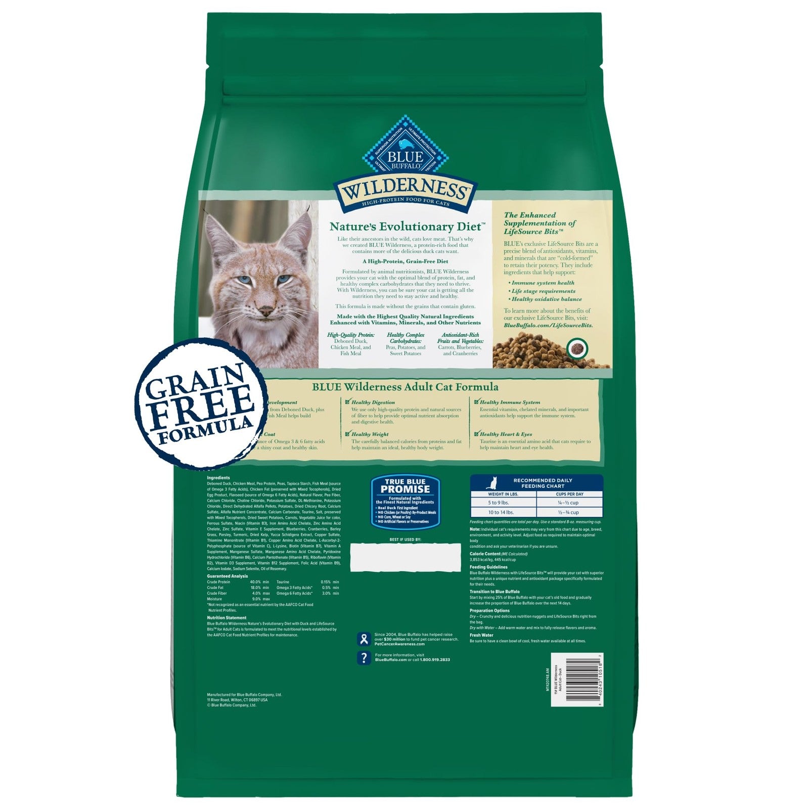 Blue Buffalo Wilderness adult cat food bag featuring duck recipe, natural high-protein dry cat food in a blue bag with images of cats and duck