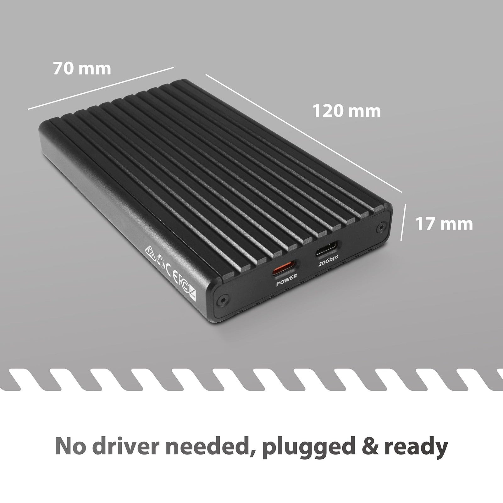 Vantec NexStar SX USB 3.2 Gen2x2 dual M.2 NVMe enclosure with USB C port, black metal design, connected to a computer.