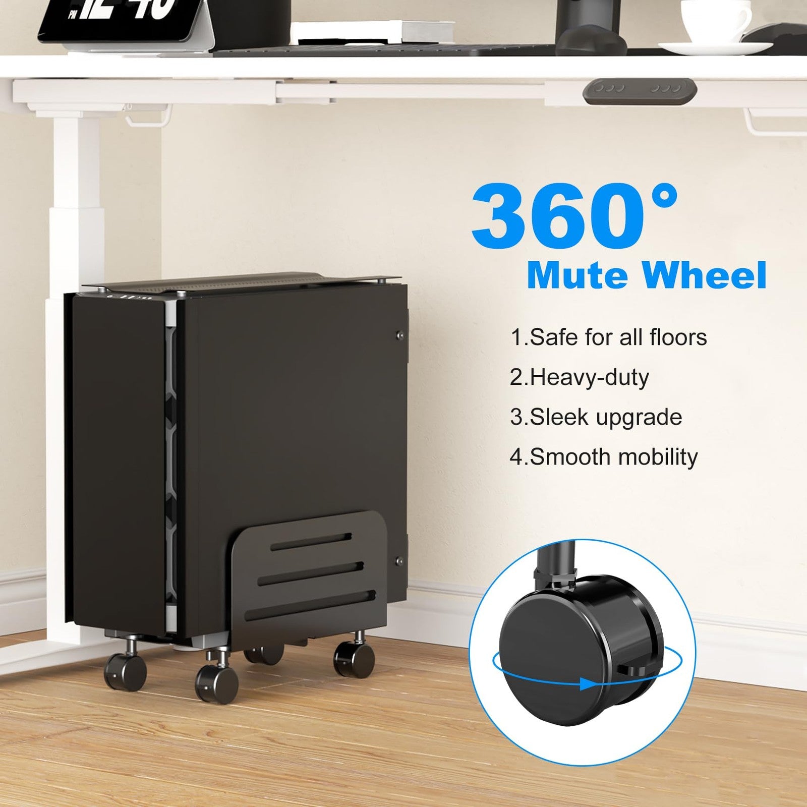 Suptek mobile CPU tower stand with adjustable height, rolling cart, and locking wheels for easy computer component mobility.