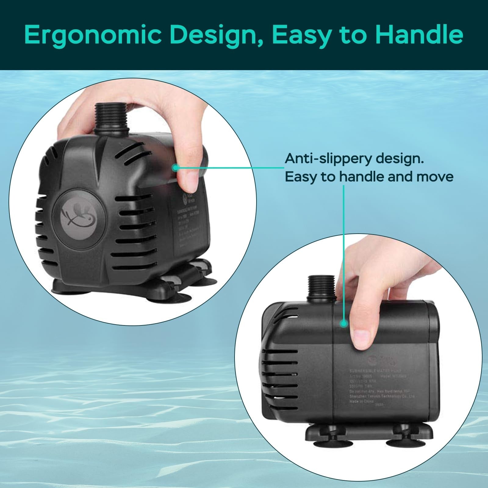 AquaMiracle 1160Gph submersible water pump showing compact design and inlet/outlet for pond and aquarium water circulation