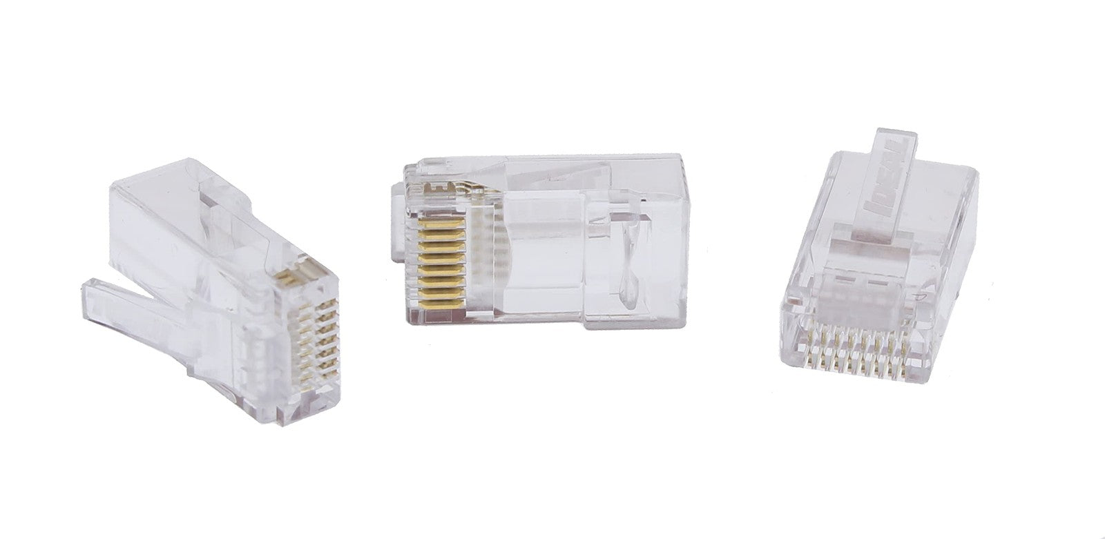 Ideal Industries RJ-45 modular plug connector for Ethernet cables, single-piece 8P8C Ethernet plug with gold contacts.