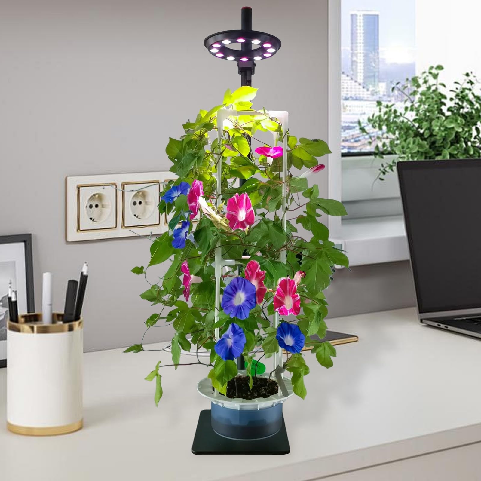 Indoor hydroponic herb and vegetable growing system tower kit with grow light by E SUPEREGROW, showing multiple plant containers.