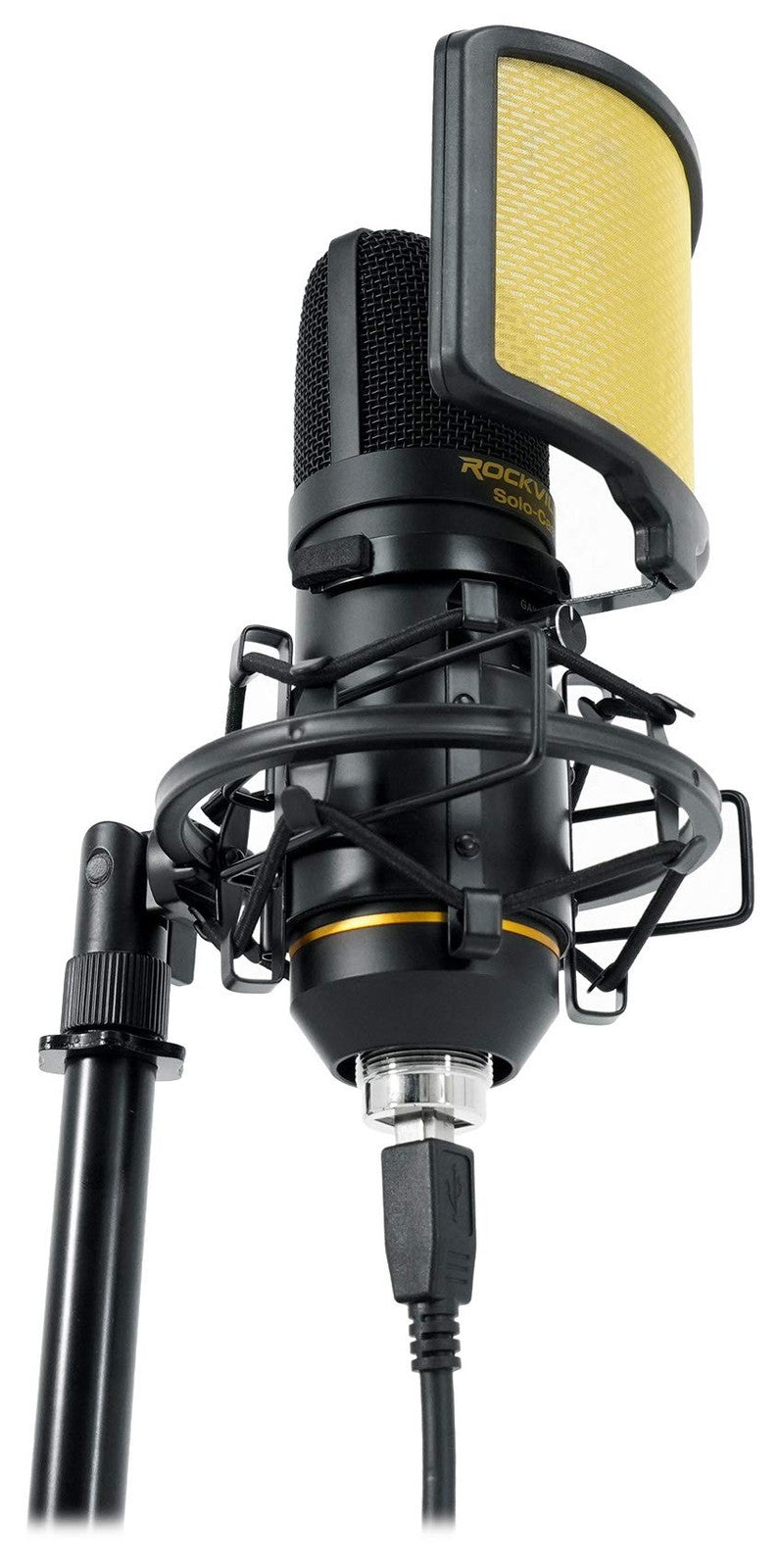 Rockville Solo-Cast USB microphone with unidirectional condenser, 24-bit/192kHz audio, built-in in a compact design.