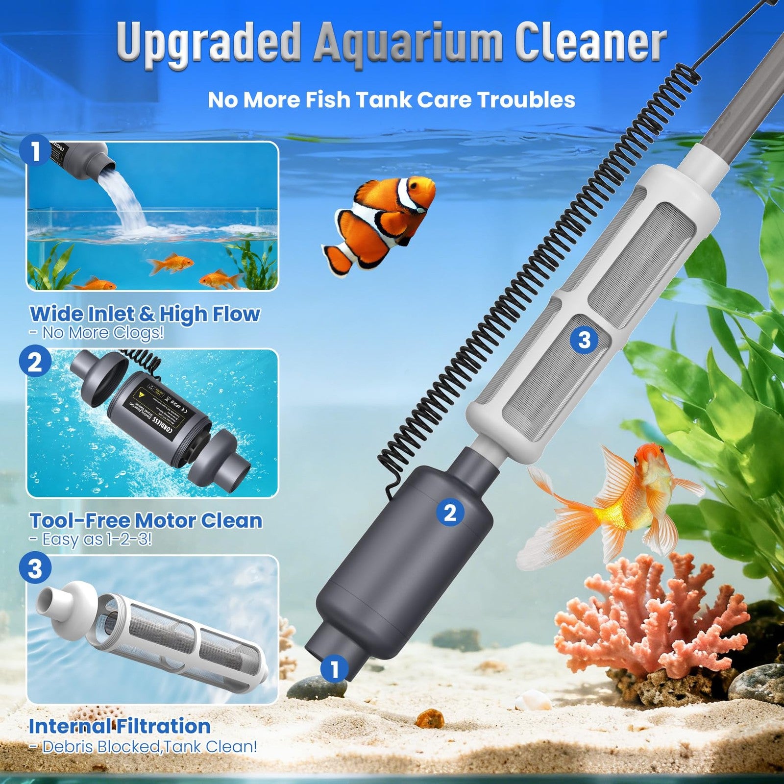Rechargeable electric aquarium gravel cleaner with adjustable suction for fish tanks, by RIRMJOR.