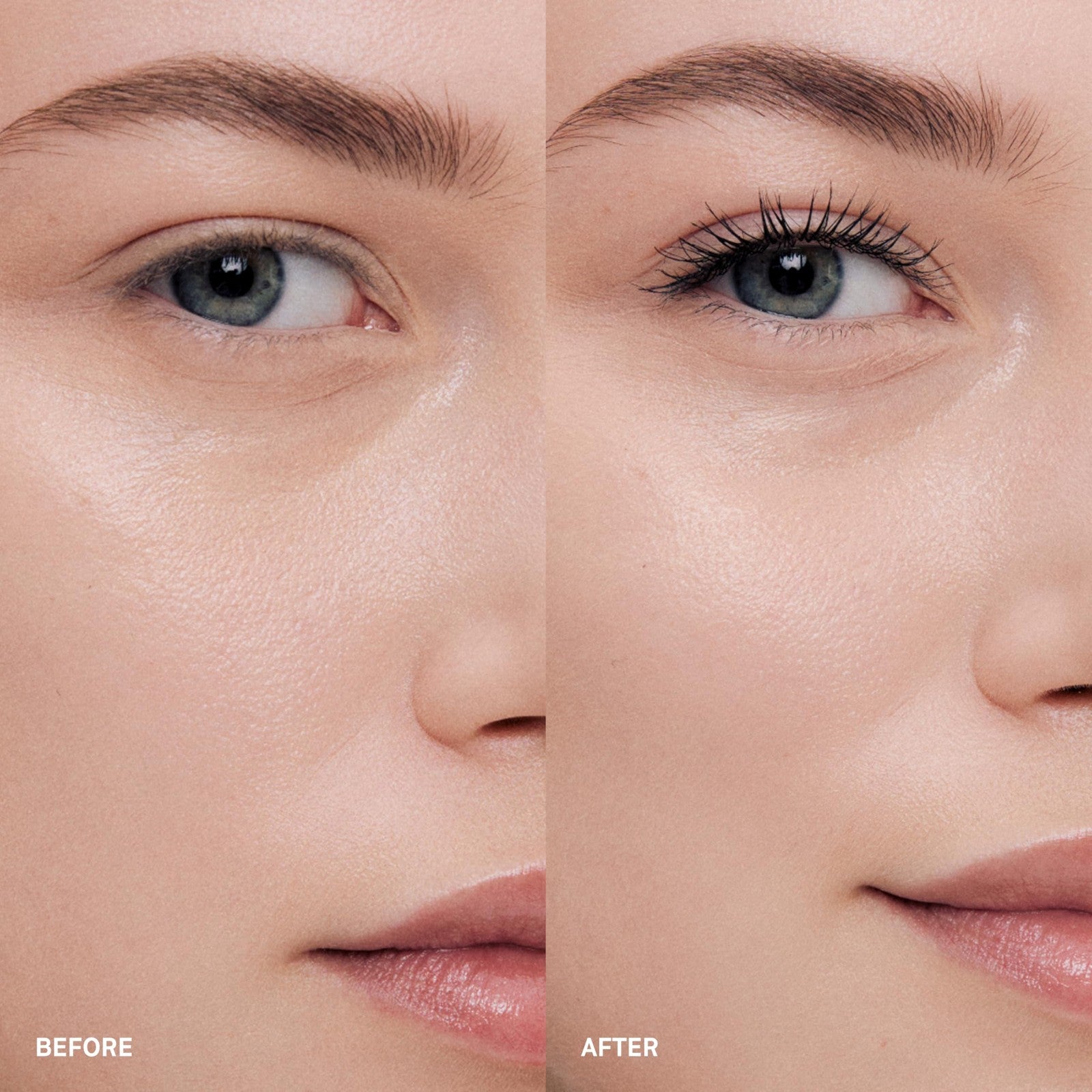 Bobbi Brown Eye Opening Mascara wand with thickened, curled, and lifted eyelashes, showcasing high-volume mascara coverage.