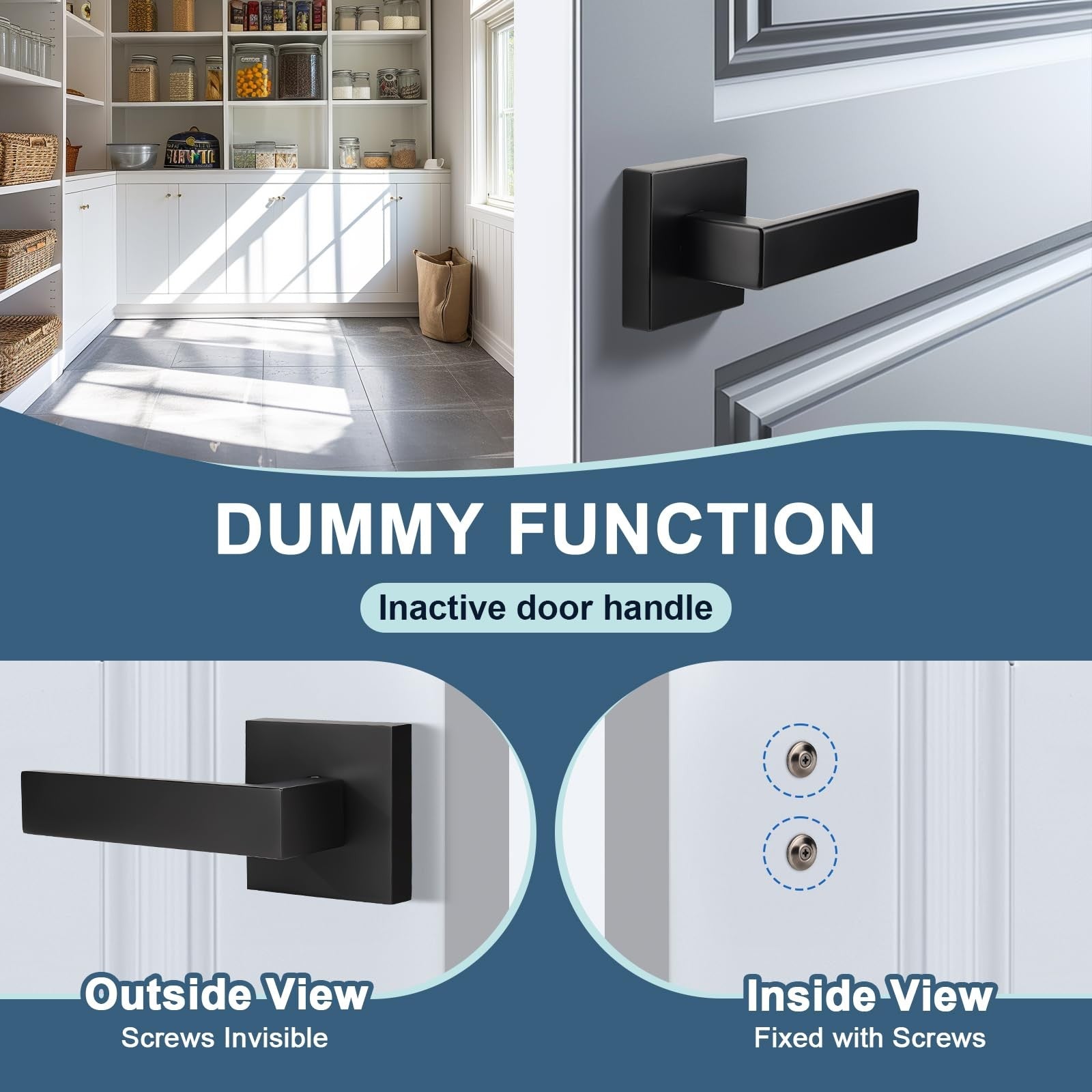 Set of four KNOBWELL matte black interior square door handles, modern dummy door knobs for stylish interior doors.