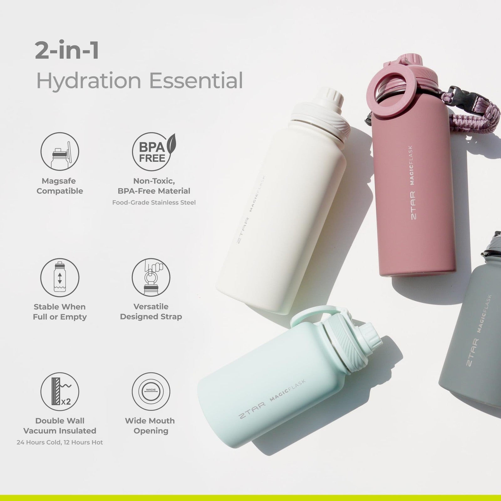 ZTAR insulated stainless steel water bottle with MagSafe compatibility, shown in a sleek silver finish with a secure lid.
