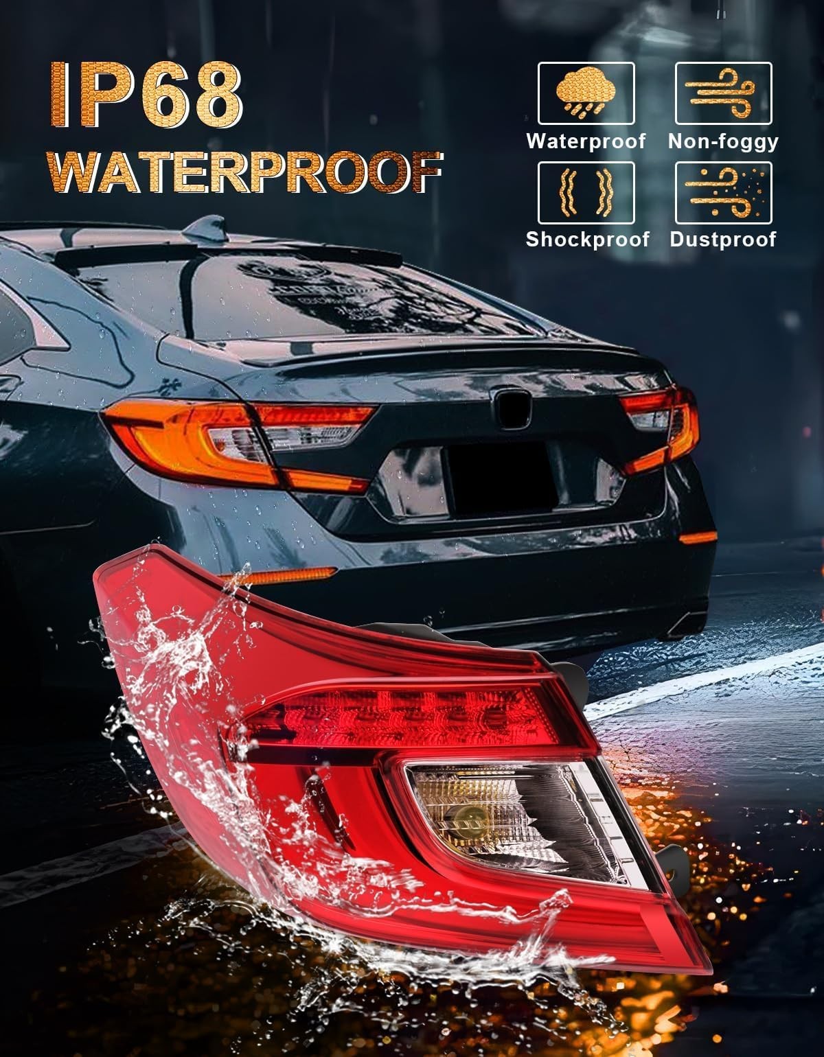 Pinkomoto driver side tail light assembly for Honda Accord 2018-2019, showing red and clear lens with mounting details.