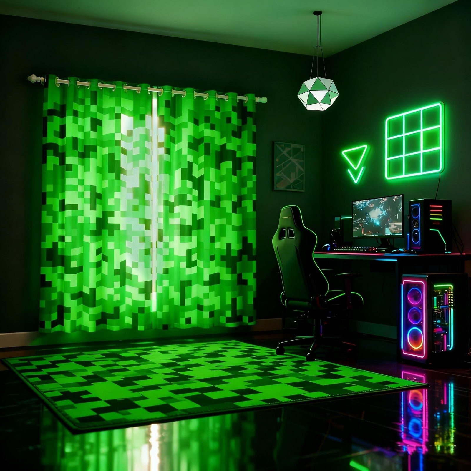Green Pixel Miners curtains for boys' room decor by Castle Fairy, gaming-themed blackout window drapes with pixel miner design.