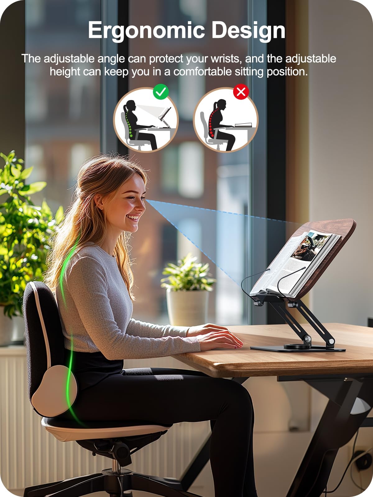 MOKURU adjustable foldable book stand for reading, with 360° rotating support and compact design, ideal for holding books comfortably.