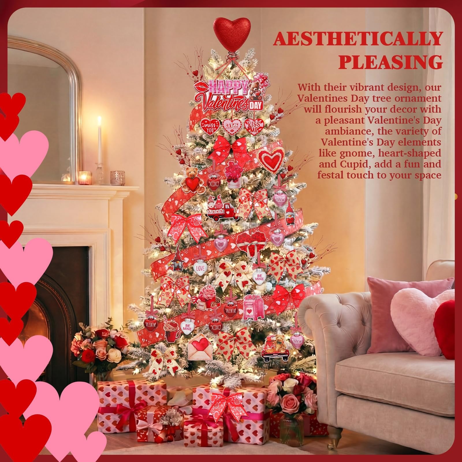 Halfchet 43-piece Valentine's Day tree decorations with hanging ornaments, featuring red and pink hearts for festive holiday decor.