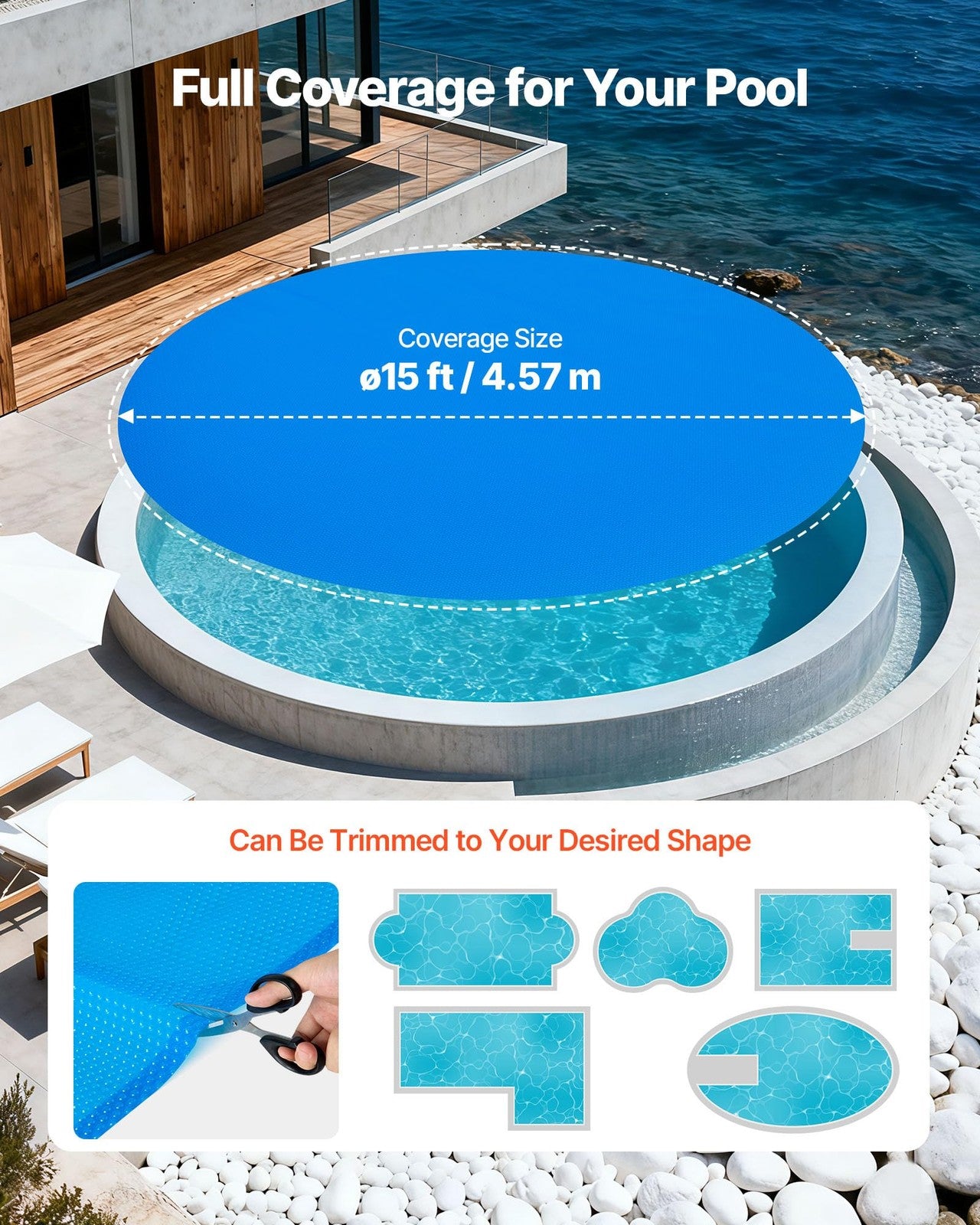 Vevor 15 ft round solar pool cover with bubble design and 12 mil thickness, ideal for insulating and warming above-ground pools.