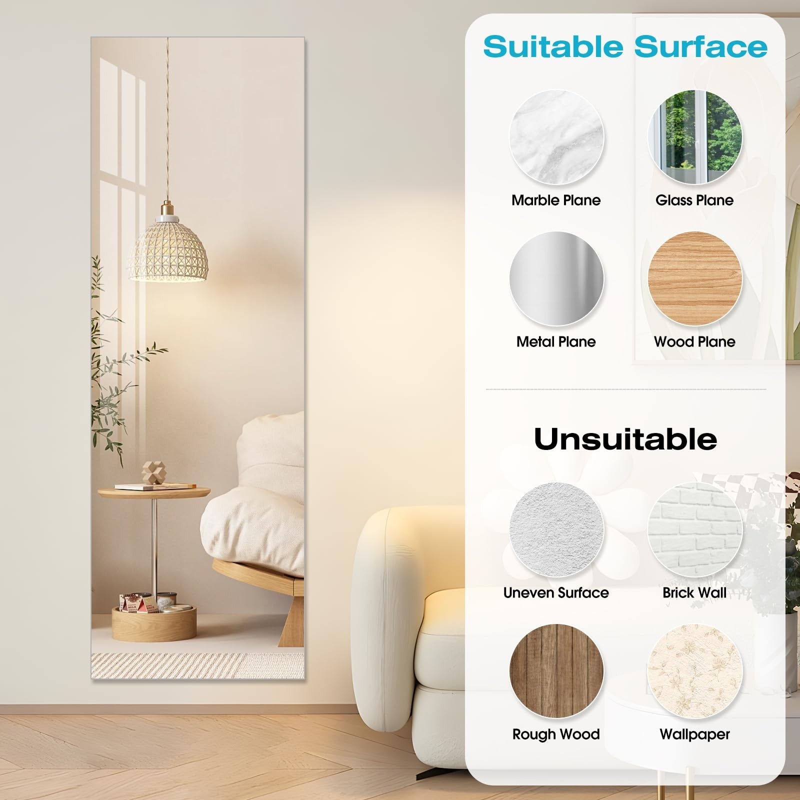 Acrylic shatterproof wall-mounted full-length fitness mirror by DEHWFT, measuring 47.25x15.75 inches, installed on a wall.