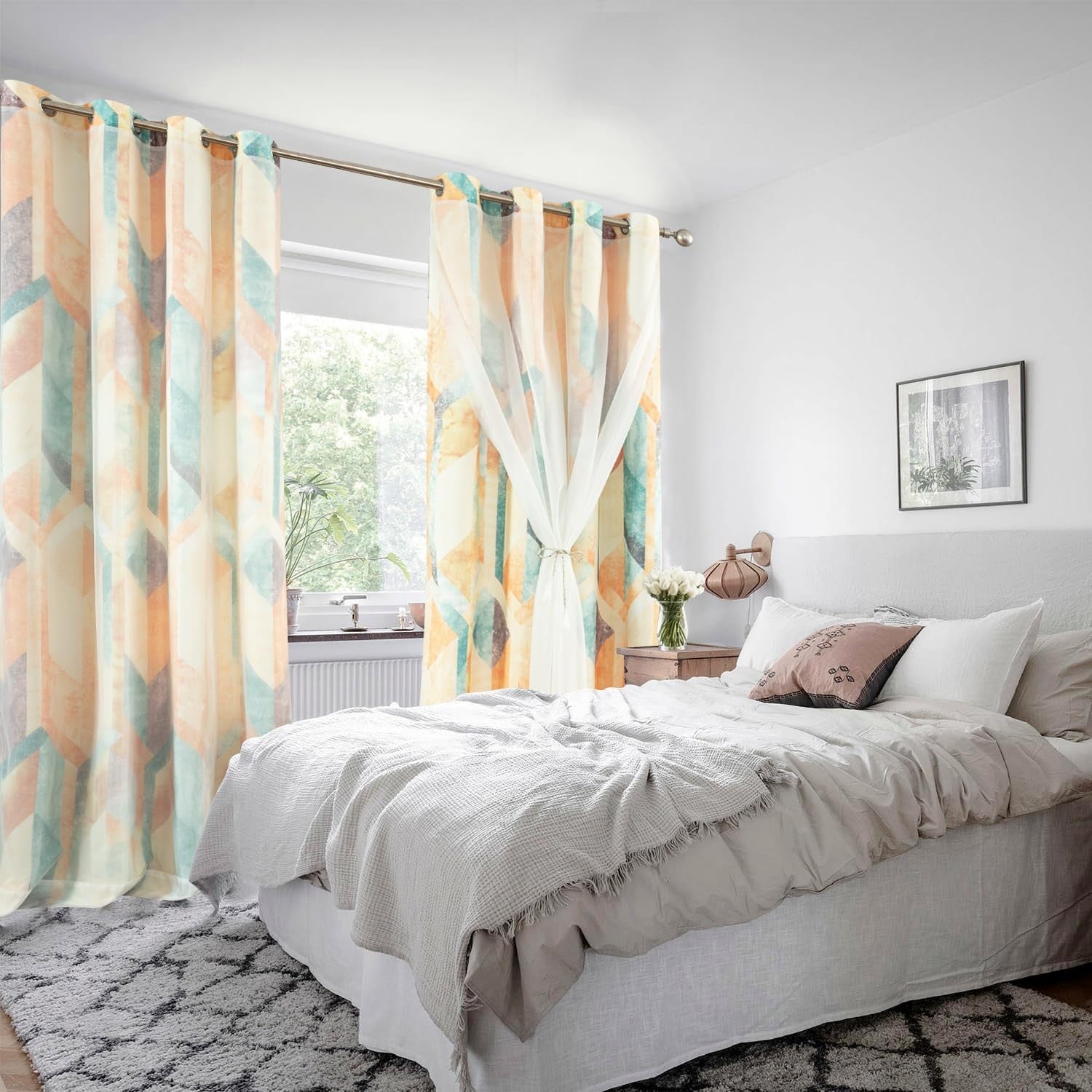 Leeva linen textured double-layered curtains with geometric print, offering privacy and stylish window dressing.
