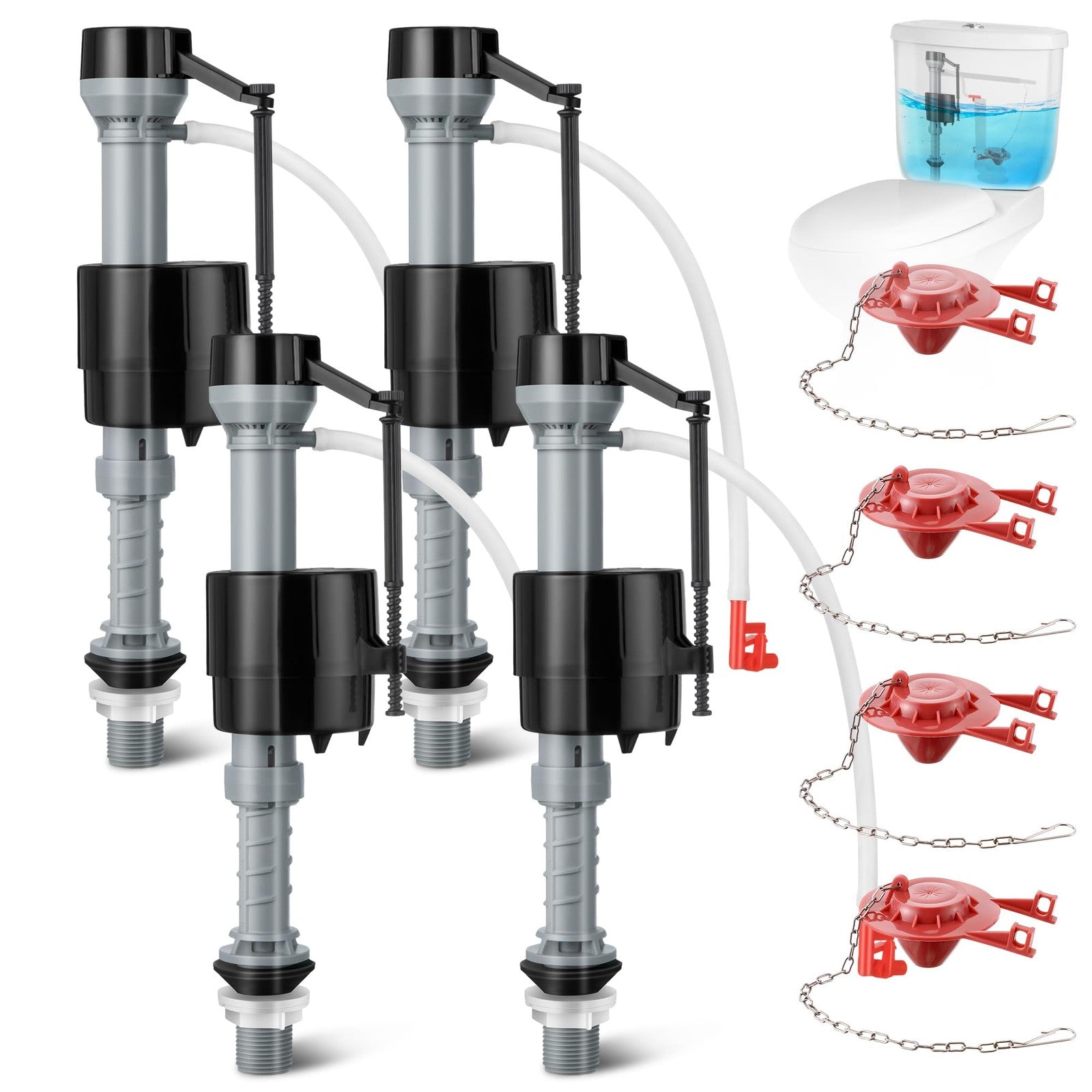 Saillong toilet float replacement kit with four universal flusher sets and 2-inch flapper for toilet tank repair.