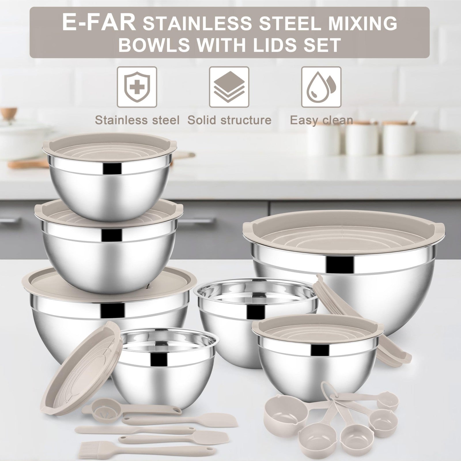 Set of 21 stainless steel mixing bowls with lids by E-far, including various sizes for salad, prep, and storage.