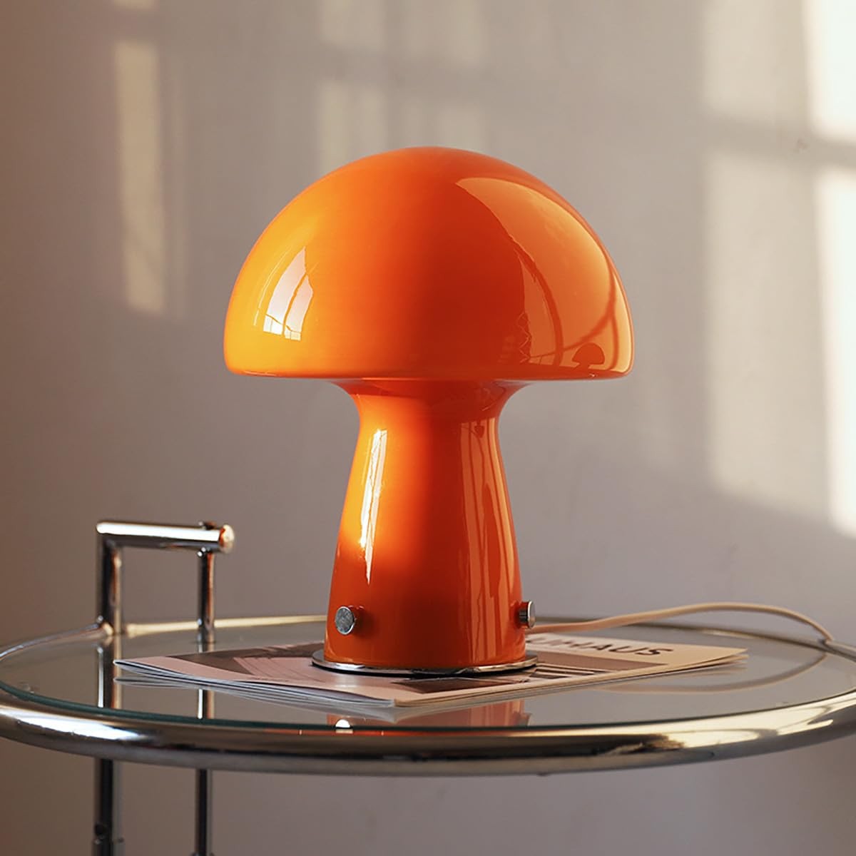 MIXL cute mushroom lamp with glass lampshade, small orange table light, emits warm 3000K glow for cozy ambiance.