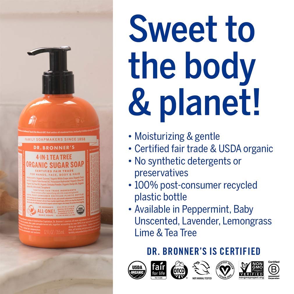 Dr. Bronner's Organic Sugar Soap variety pack with Lavender, Peppermint, and Tea Tree scents in 12 oz bottles.