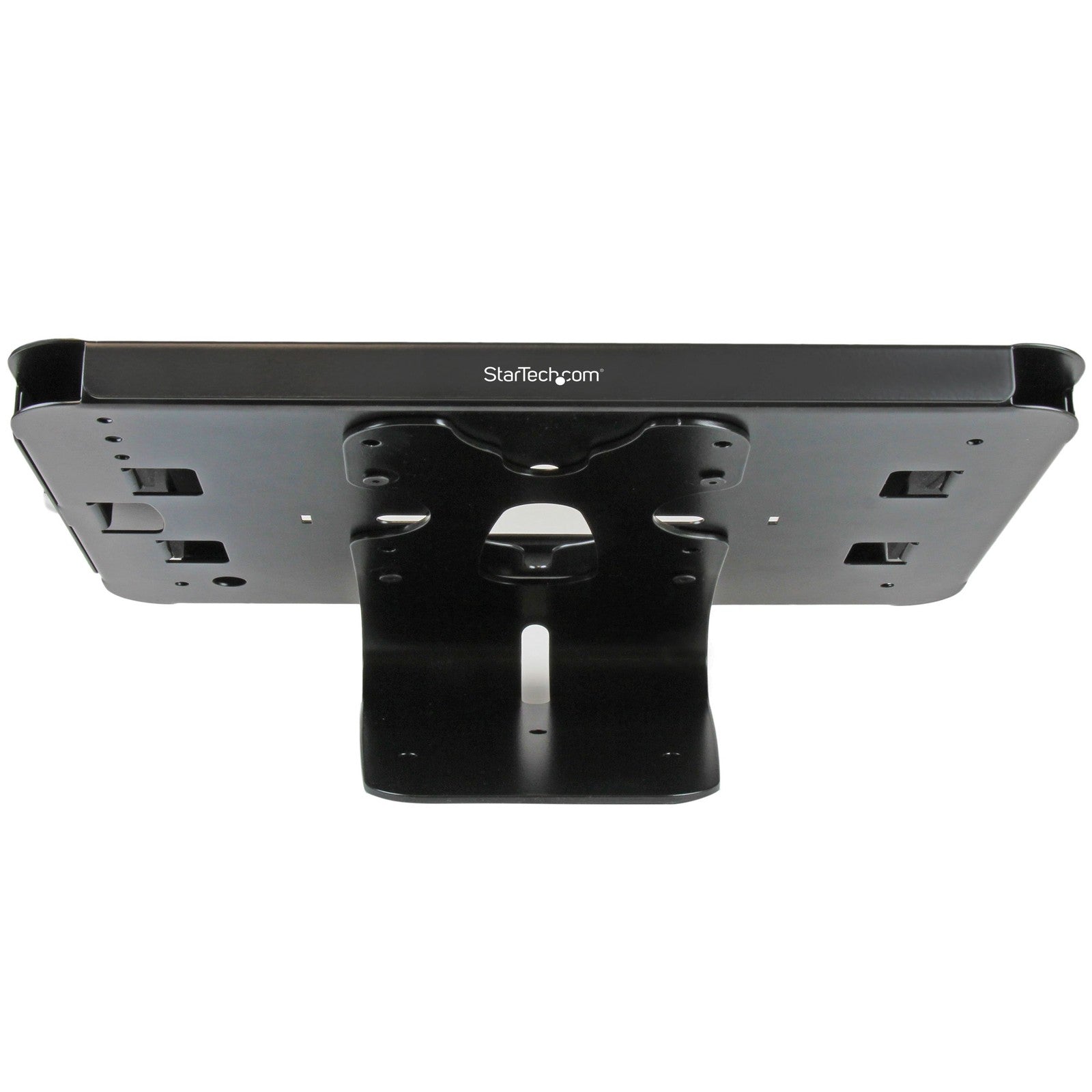 StarTech.com secure lockable steel tablet enclosure stand with anti-theft design, mounted on desk or wall, for secure tablet storage.