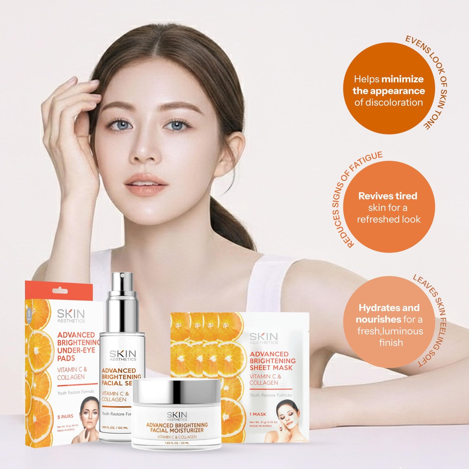 Skin Aesthetics Vitamin C & Collagen skincare set with bottles and packaging, dermatologist tested anti-aging products from Kor.