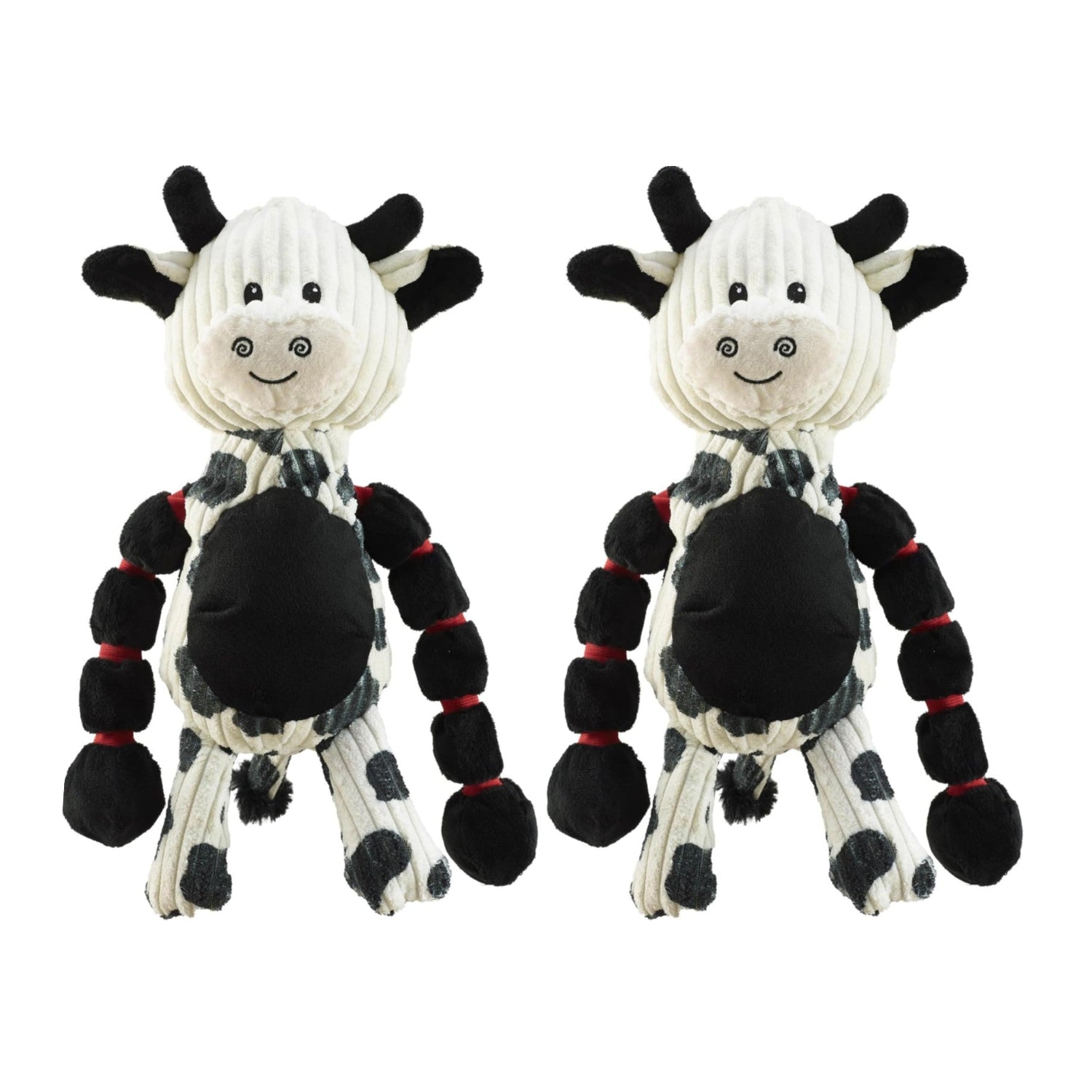 Outward Hound Charming Pet Thunda Tugga Cow plush dog tug toy with squeaker, shown in a pack of two for interactive play.