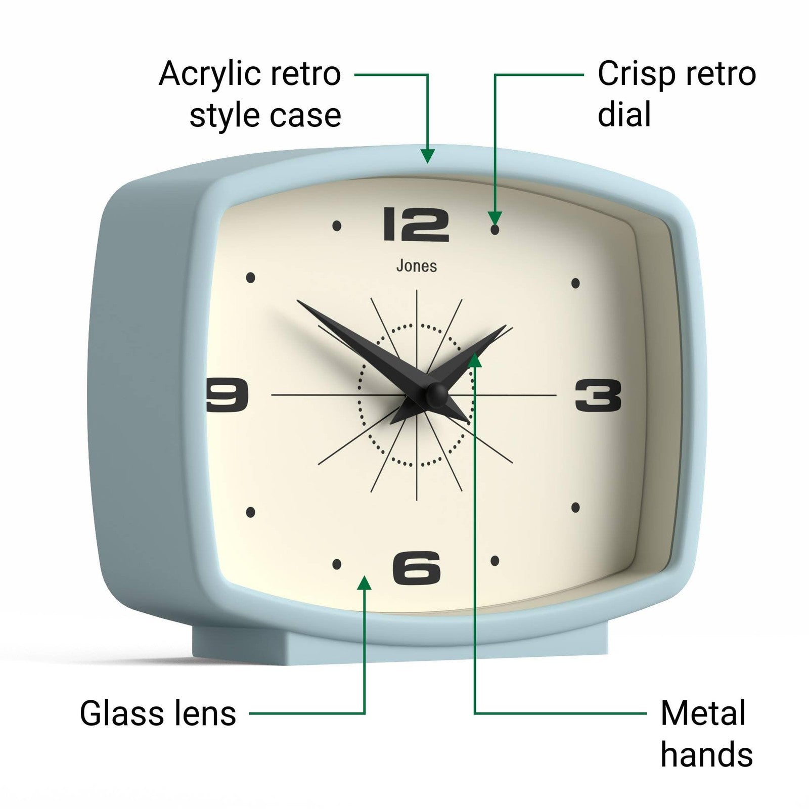 Jones Clocks Film Desk Clock with retro rectangular design in pale blue, featuring vintage-inspired analog display.