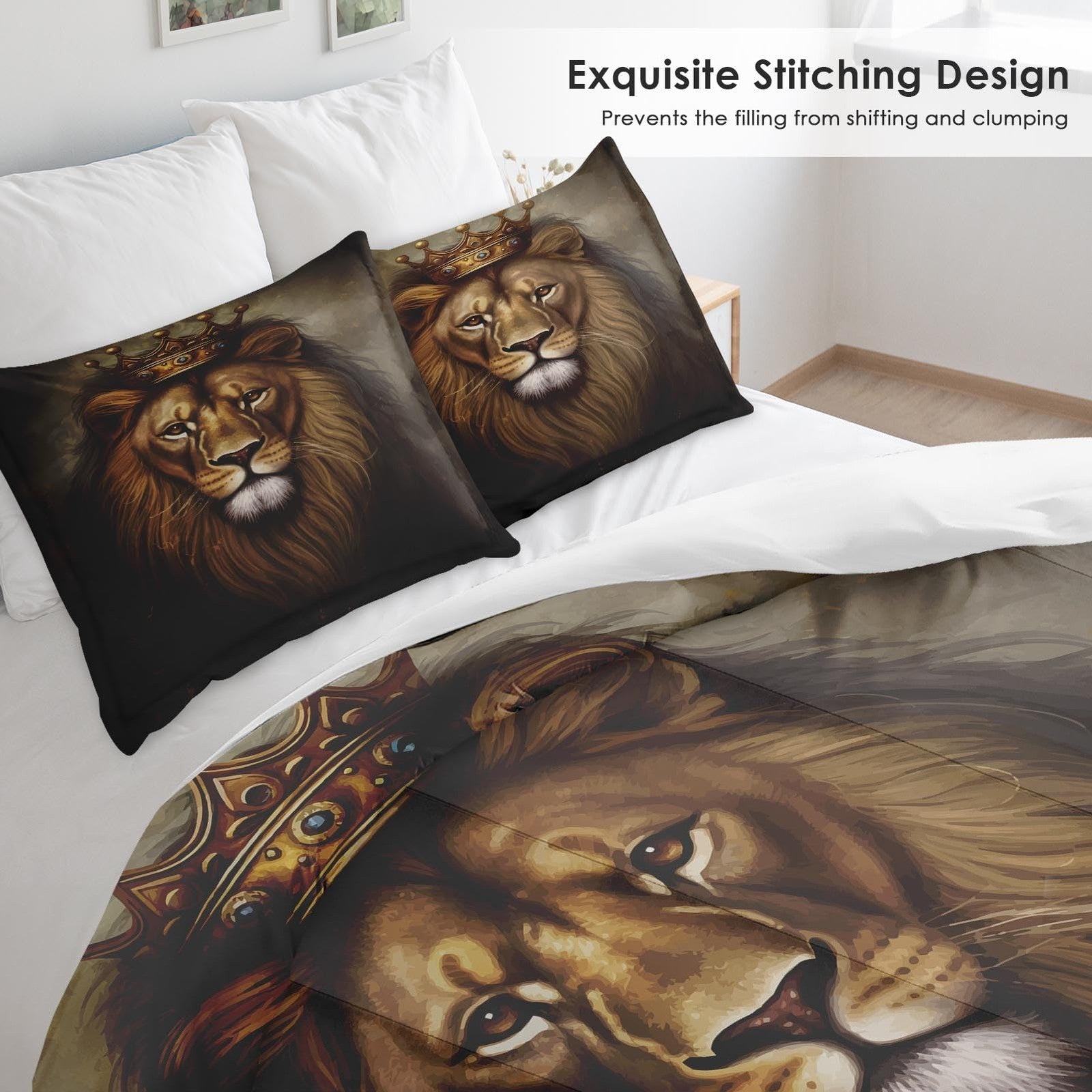 Pamnest King Lion golden comforter set with matching pillow shams, soft bedding for kids, queen size, three-piece bedding set.