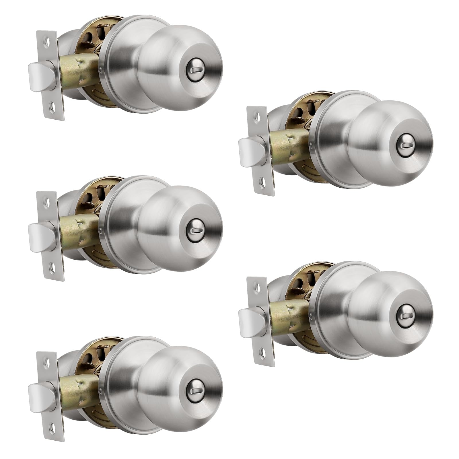 Set of five Knobonly satin nickel privacy door knobs, keyless interior door handles with a sleek, modern finish.