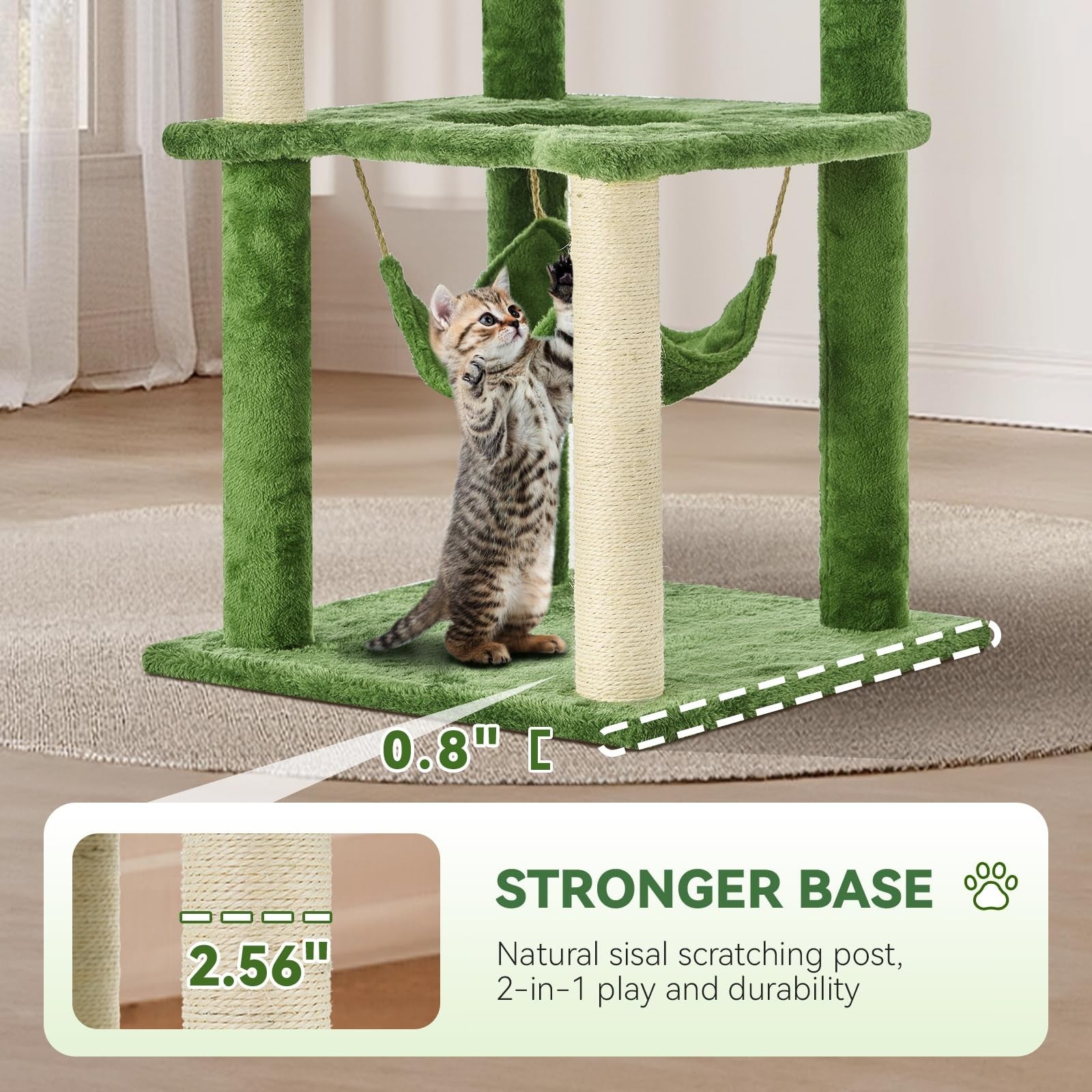 TSCOMON 61-inch multi-level cat tree with green leaves, featuring perches, platforms, and a cozy hammock for cats to climb and rest.