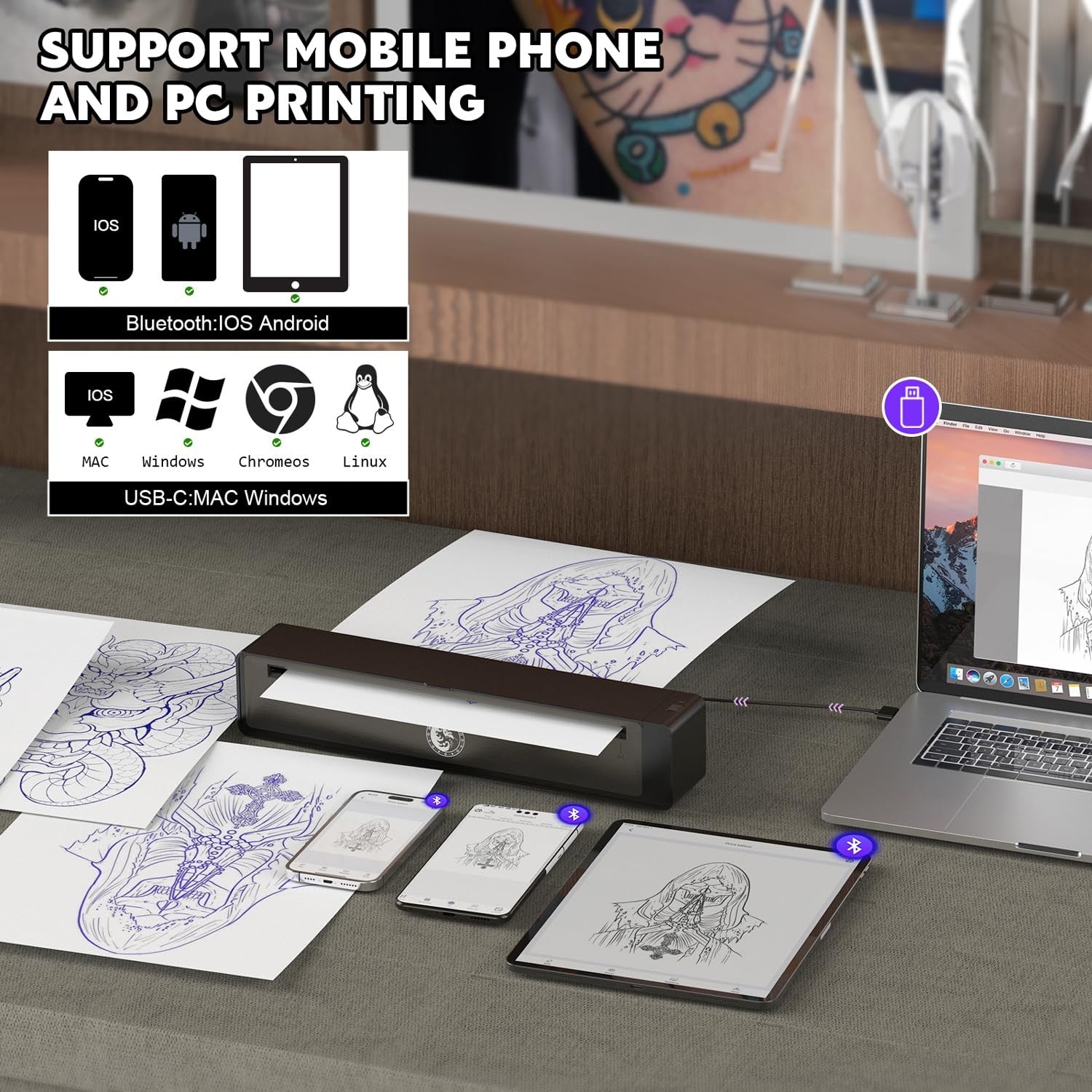 Wireless Wormhole Tattoo Stencil Printer with portable design, Bluetooth connectivity, and 2,500mAh battery for on-the-go tattoo stencils.