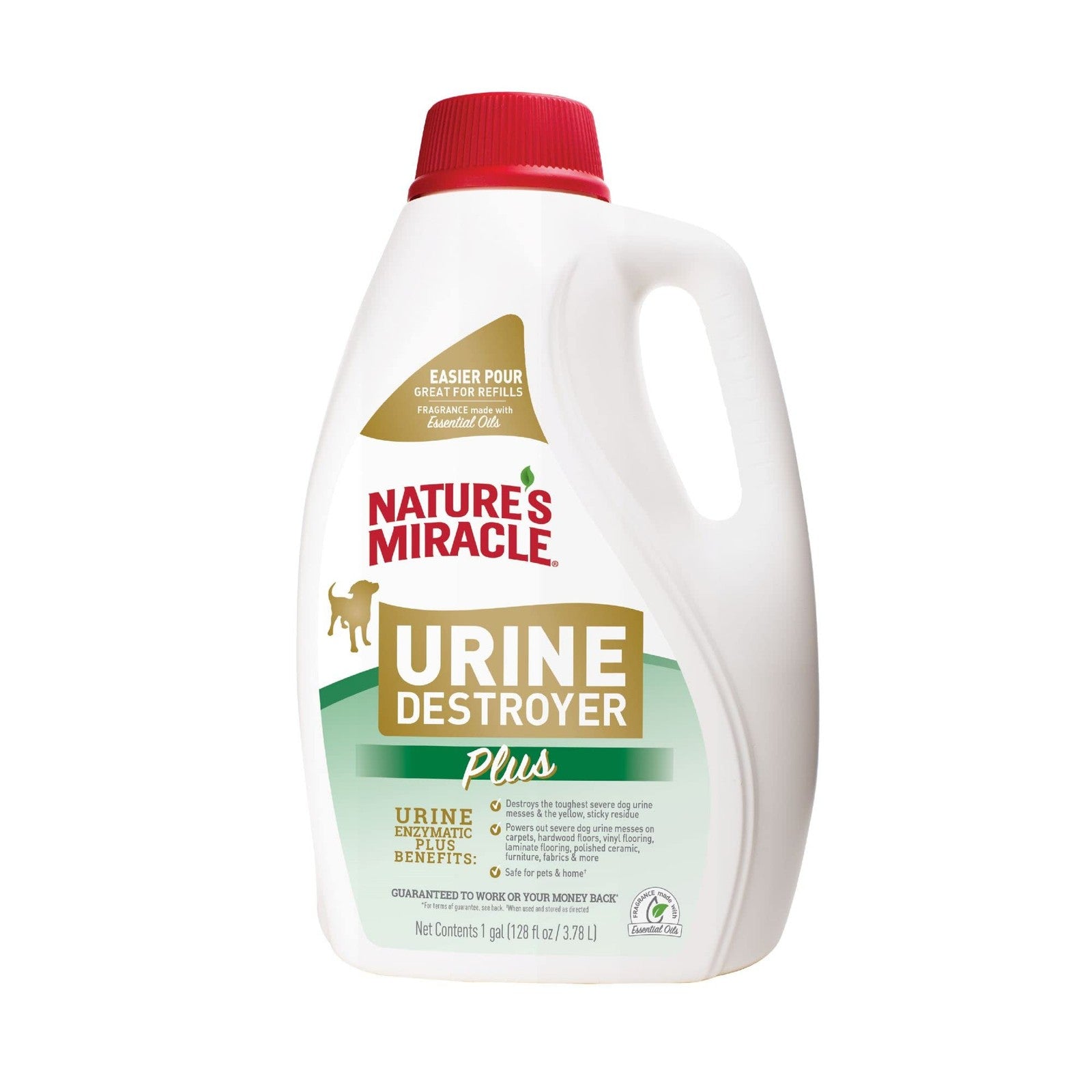 Nature's Miracle Dog Urine Destroyer Plus enzymatic laundry boost, with a bottle of enzymatic cleaner for pet urine stains and odors.