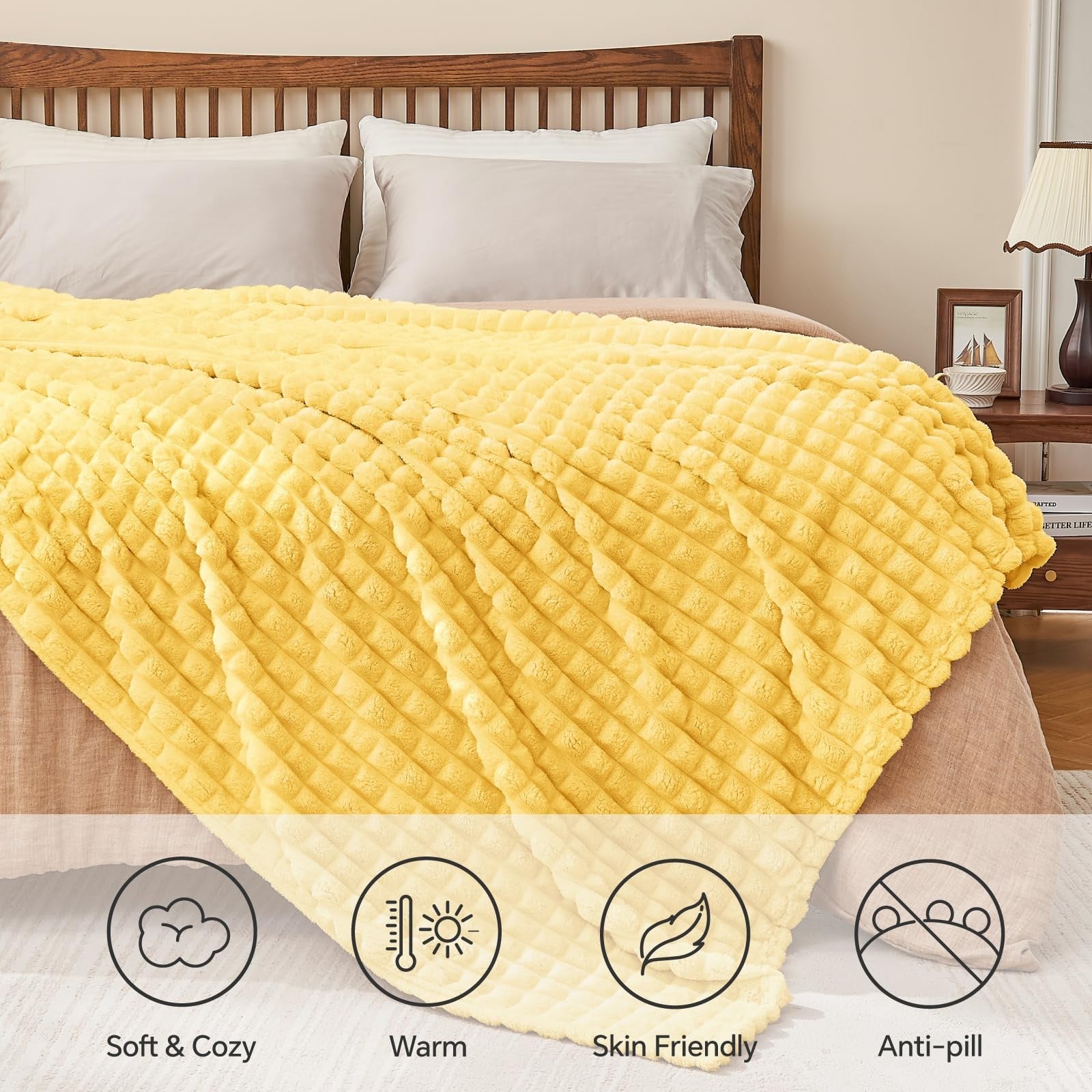 BEDELITE light yellow twin size throw blanket with super soft, warm 3D textured fabric for bed use.