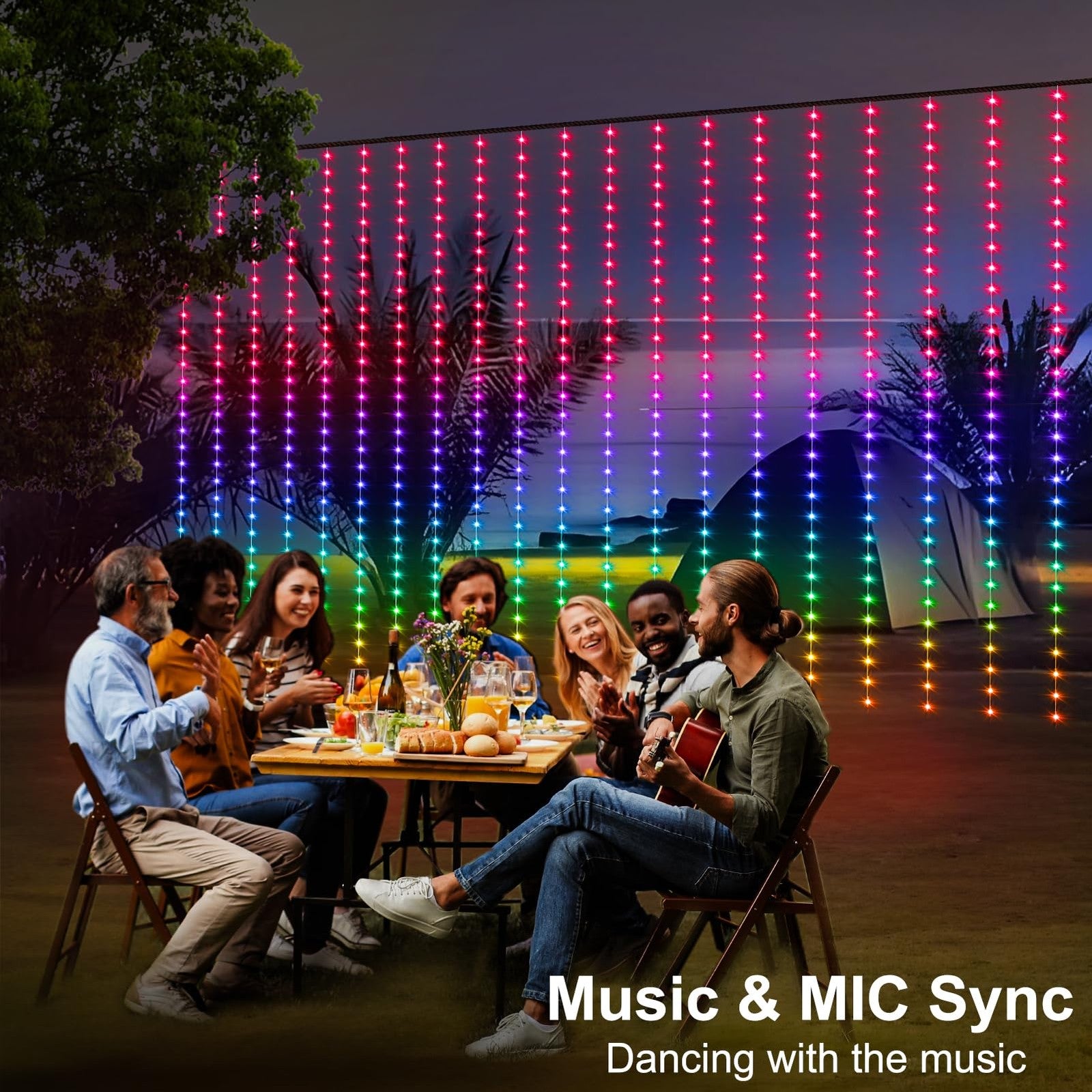 ZAIYW WiFi Smart RGB LED curtain lights displaying colorful lighting effects, 600 LED bulbs, compatible with smart home devices