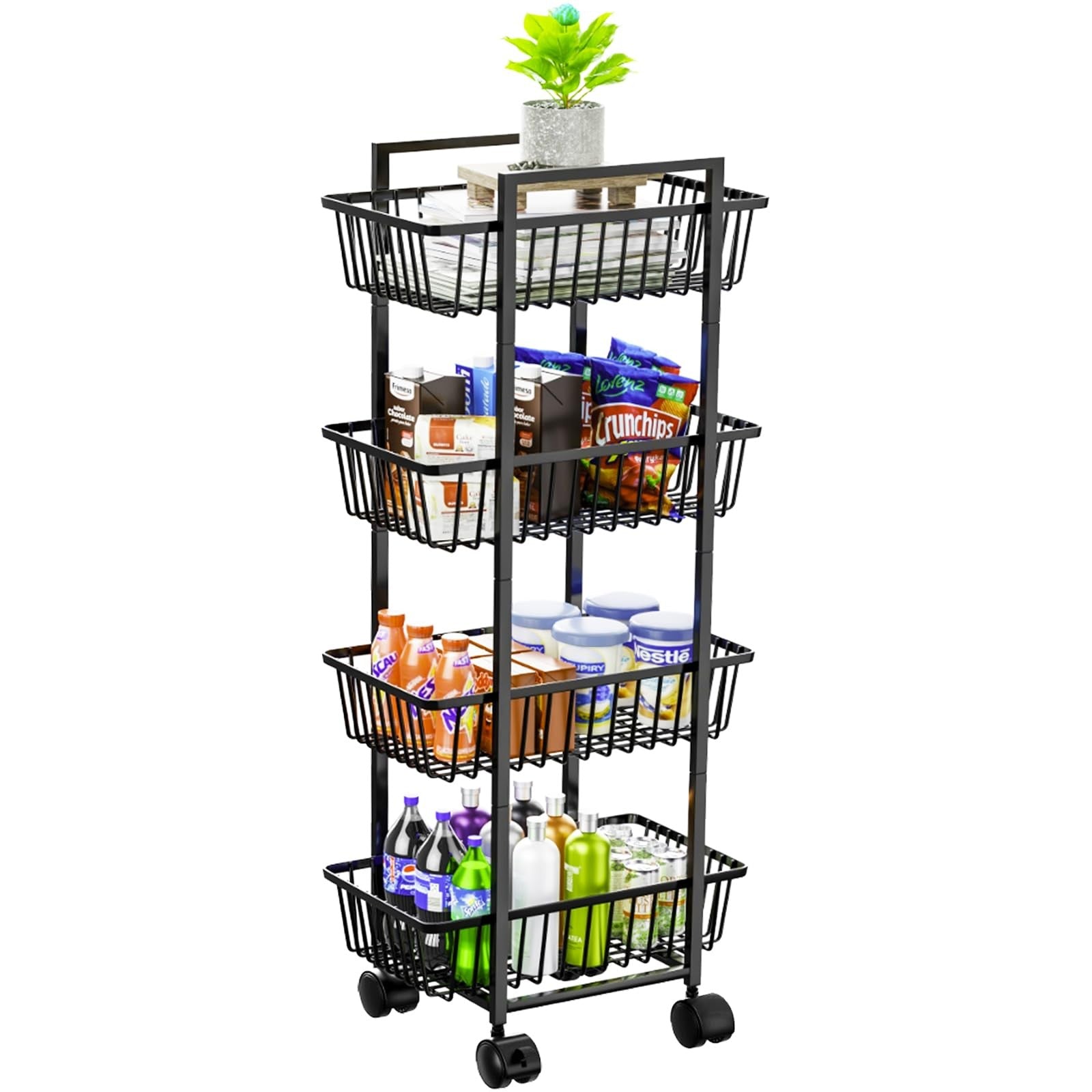 Simple Trending 4-tier rolling metal wire fruit and vegetable basket cart for kitchen organization.