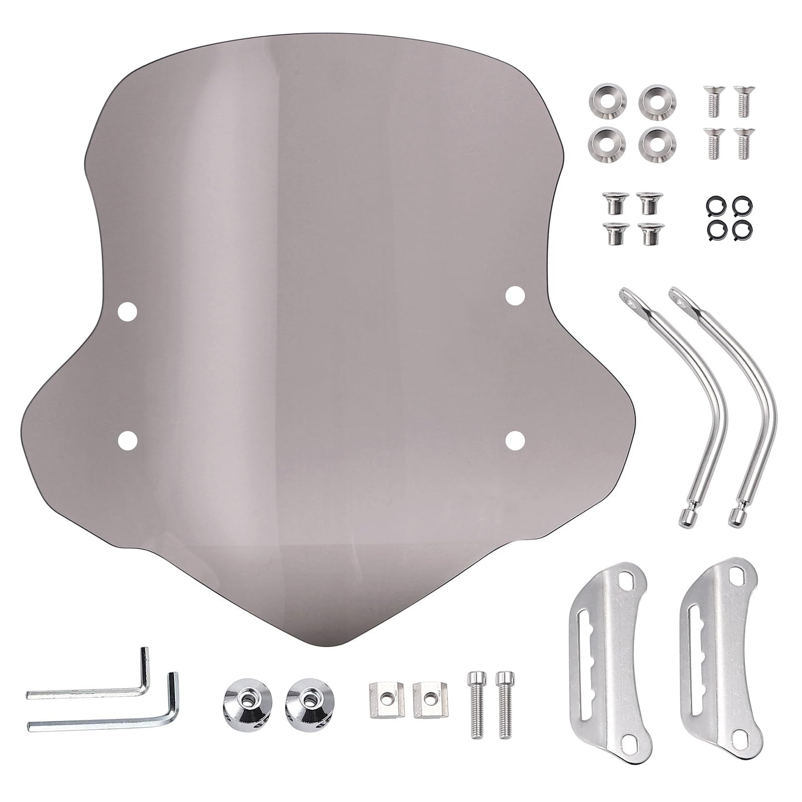 Mokuo universal motorcycle windshield in clear PC material, 4mm thick, designed for upgrade and protection.