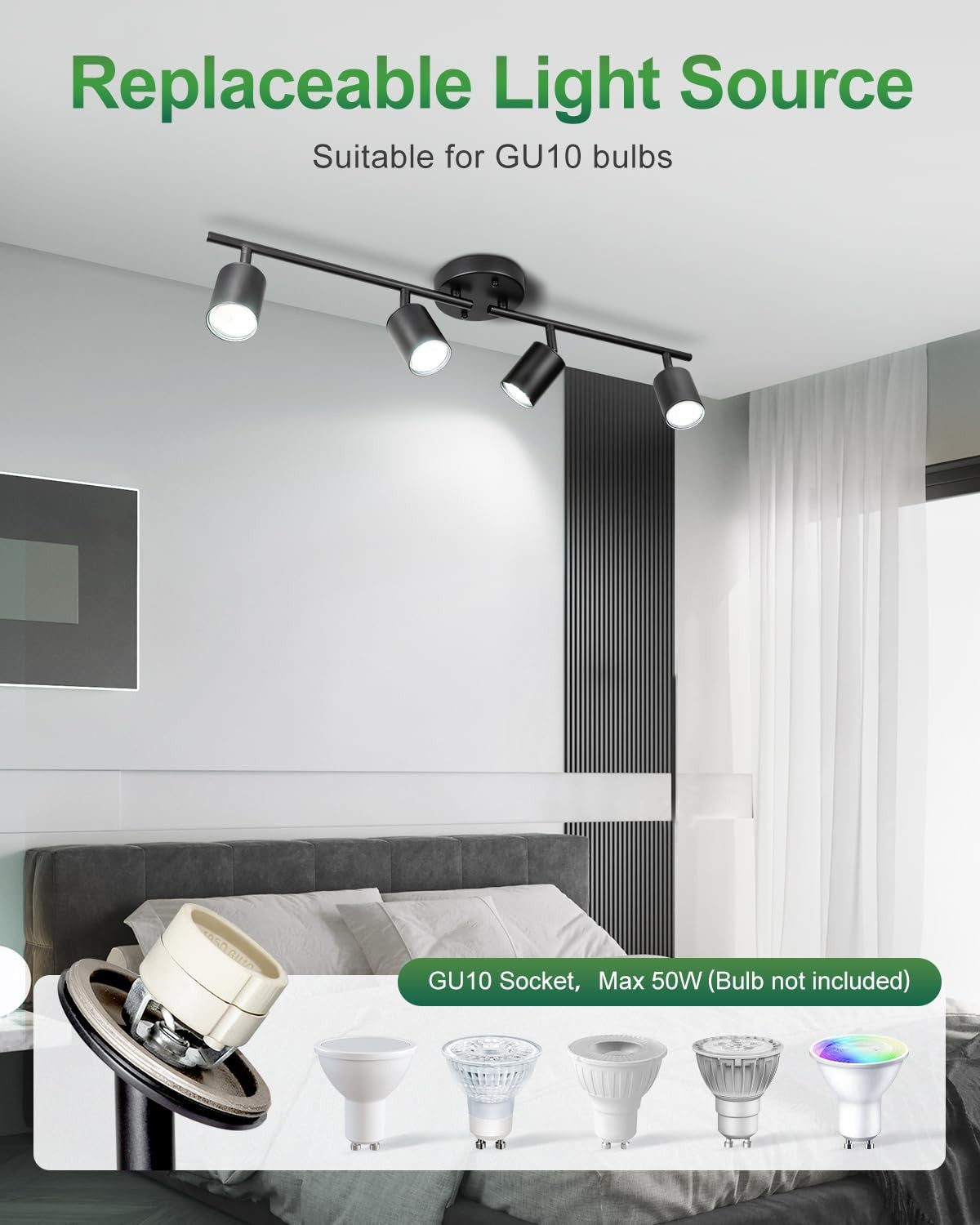 Fondiiz 4-way rotatable track lighting heads in modern black mounted on ceiling track for adjustable illumination.