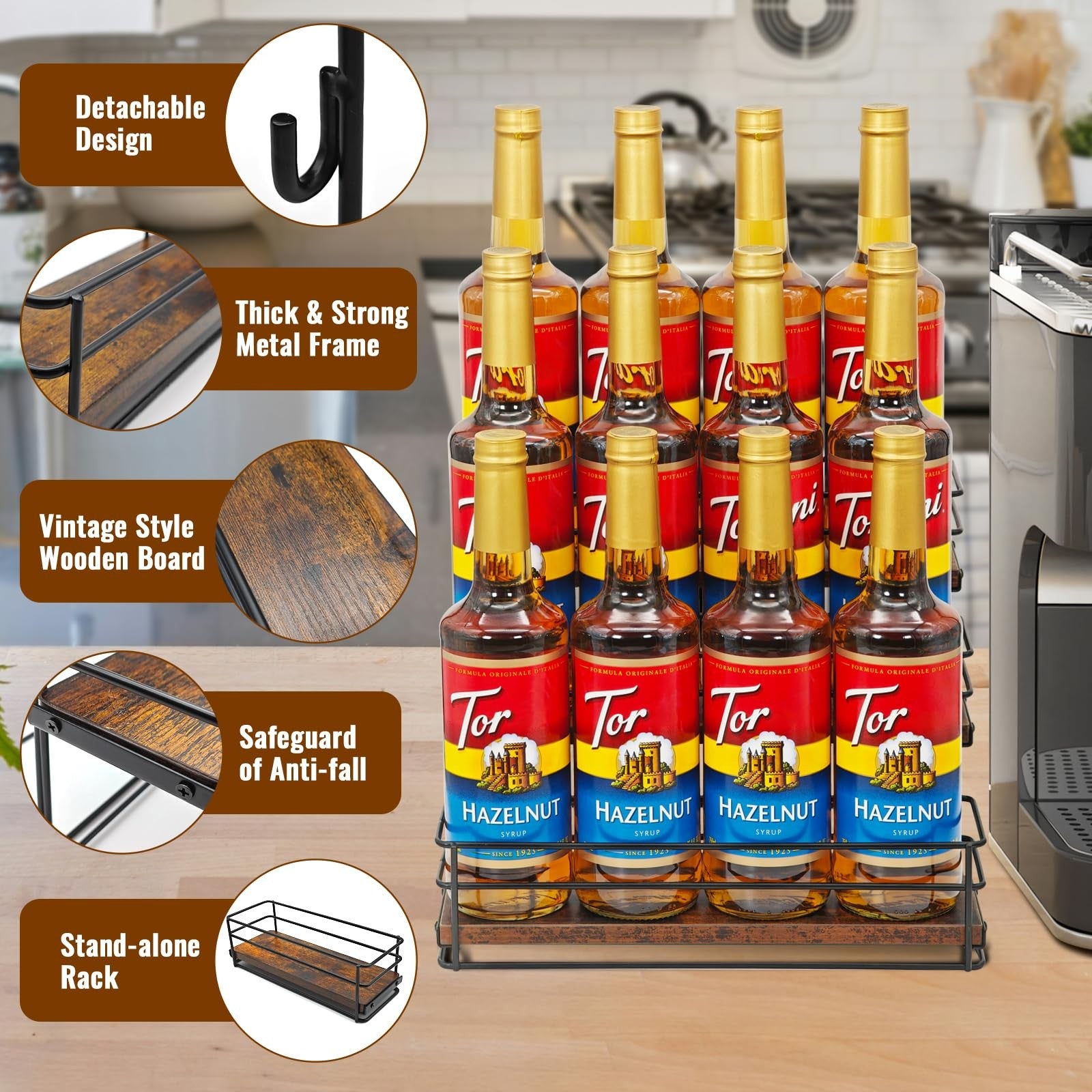 AUATRONNE 3-tier coffee syrup organizer rack holding 12 bottles, black metal stand for coffee syrup bottles and accessories.