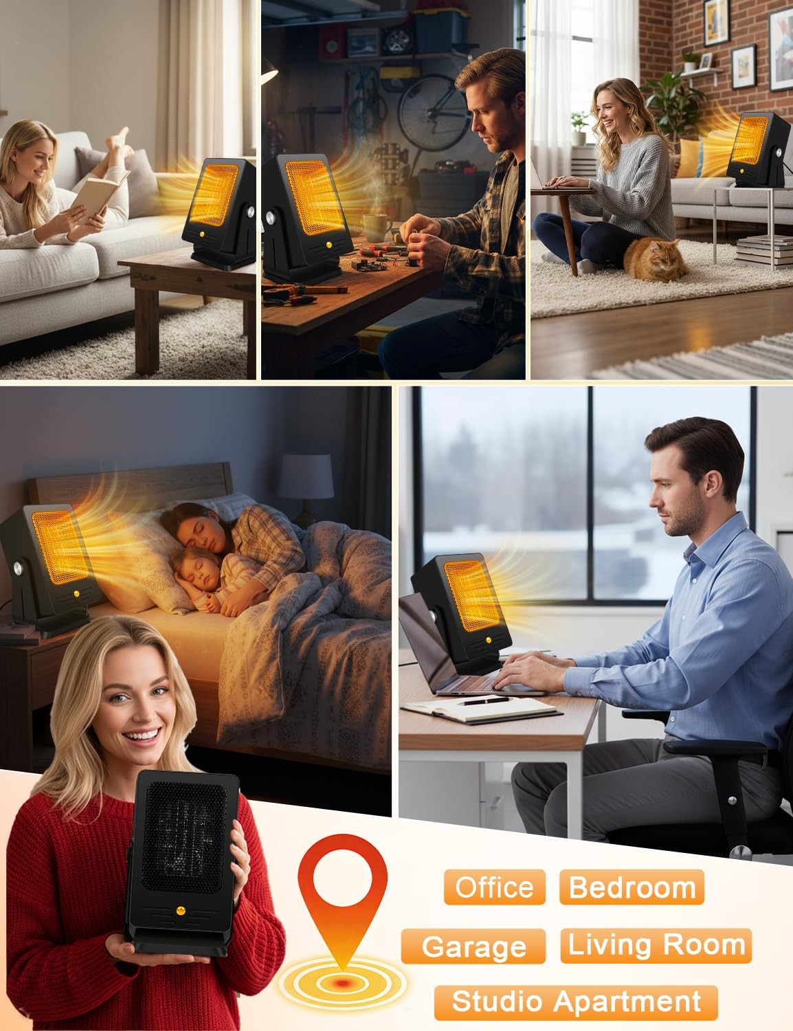 Verminget space heater for indoor use, small desktop PTC heater with a compact design and visible heating grille.