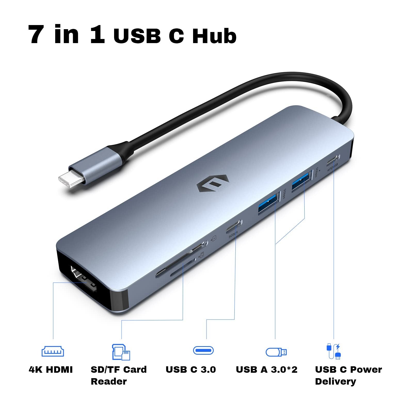 TOTU 7-in-1 USB C hub with 4K HDMI, two USB 3.0 ports, and USB C 3.0 port for versatile connectivity