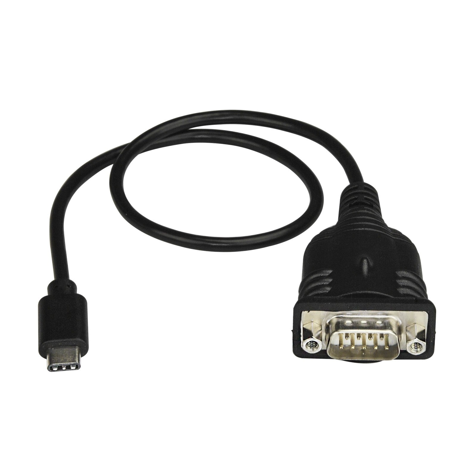 StarTech USB C to serial adapter cable, 16-inch length, USB Type C to RS232 DB9 connector, black cable with connector ends
