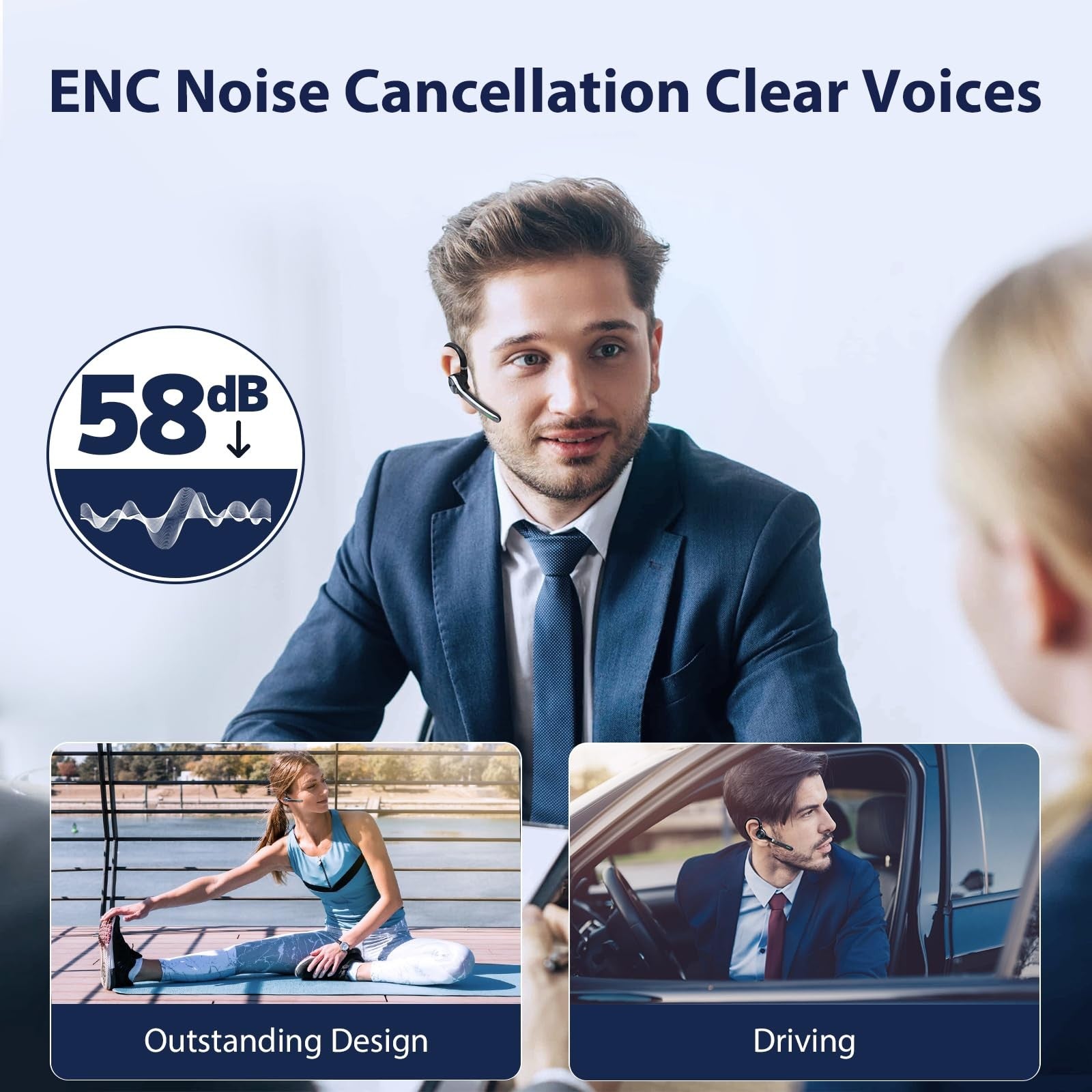 Ngod Bluetooth wireless headset with noise-canceling microphone, 72-hour talk time, 500mAh battery, and ergonomic earpiece.