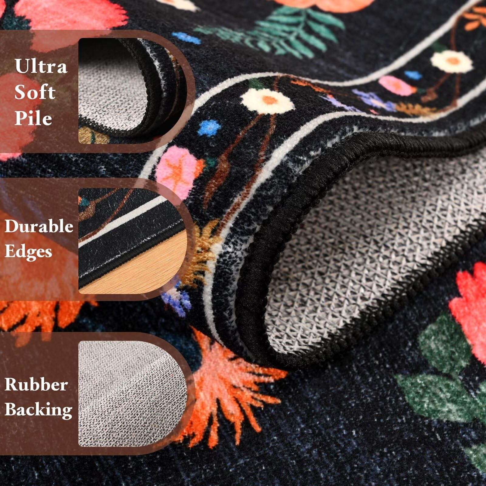 Macgace black floral 4x6 washable area rug with girl’s bedroom design, featuring colorful floral patterns and soft fabric.