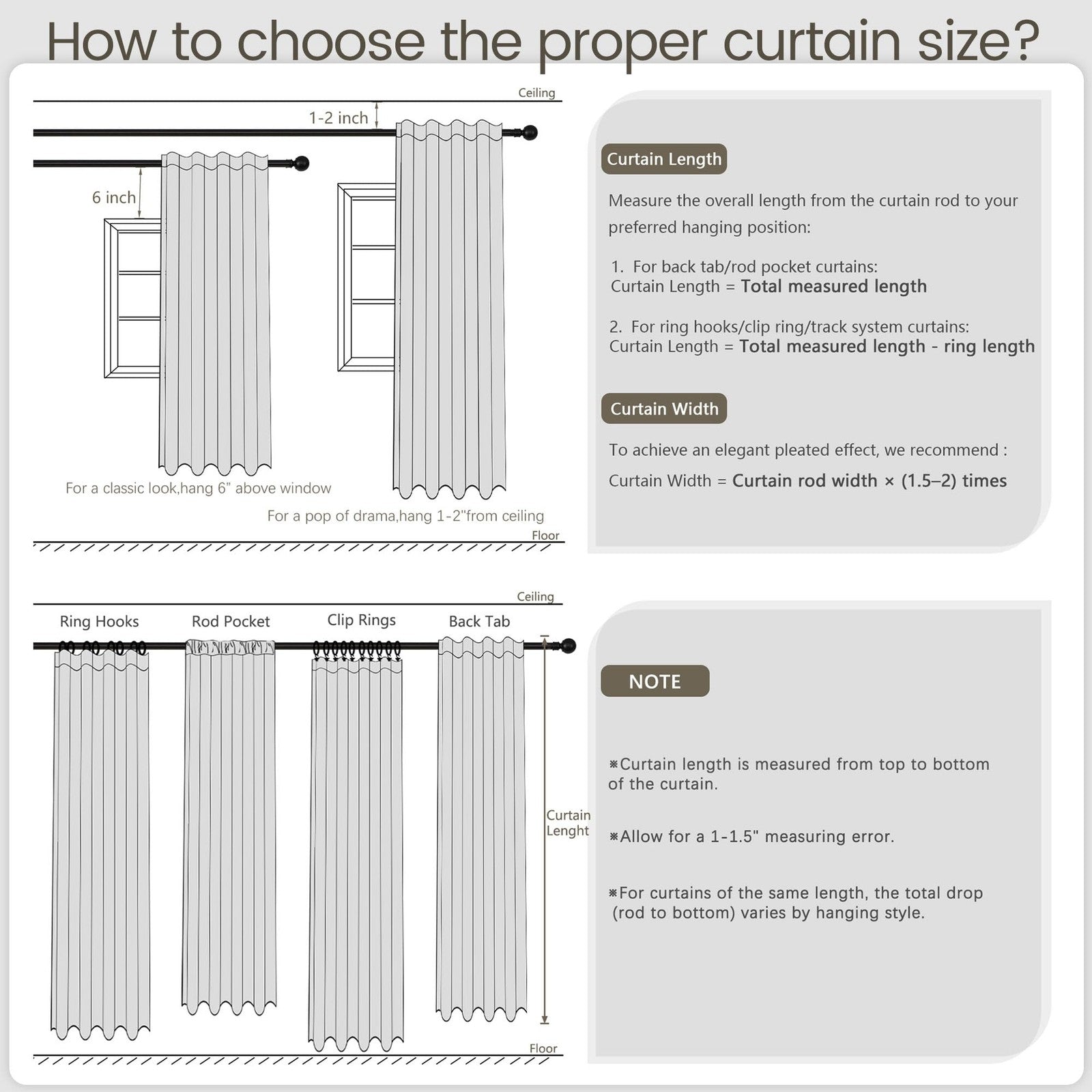 UHITECH 36-inch black blackout curtains for small nursery windows, darkening drapes with back tab design in black fabric.