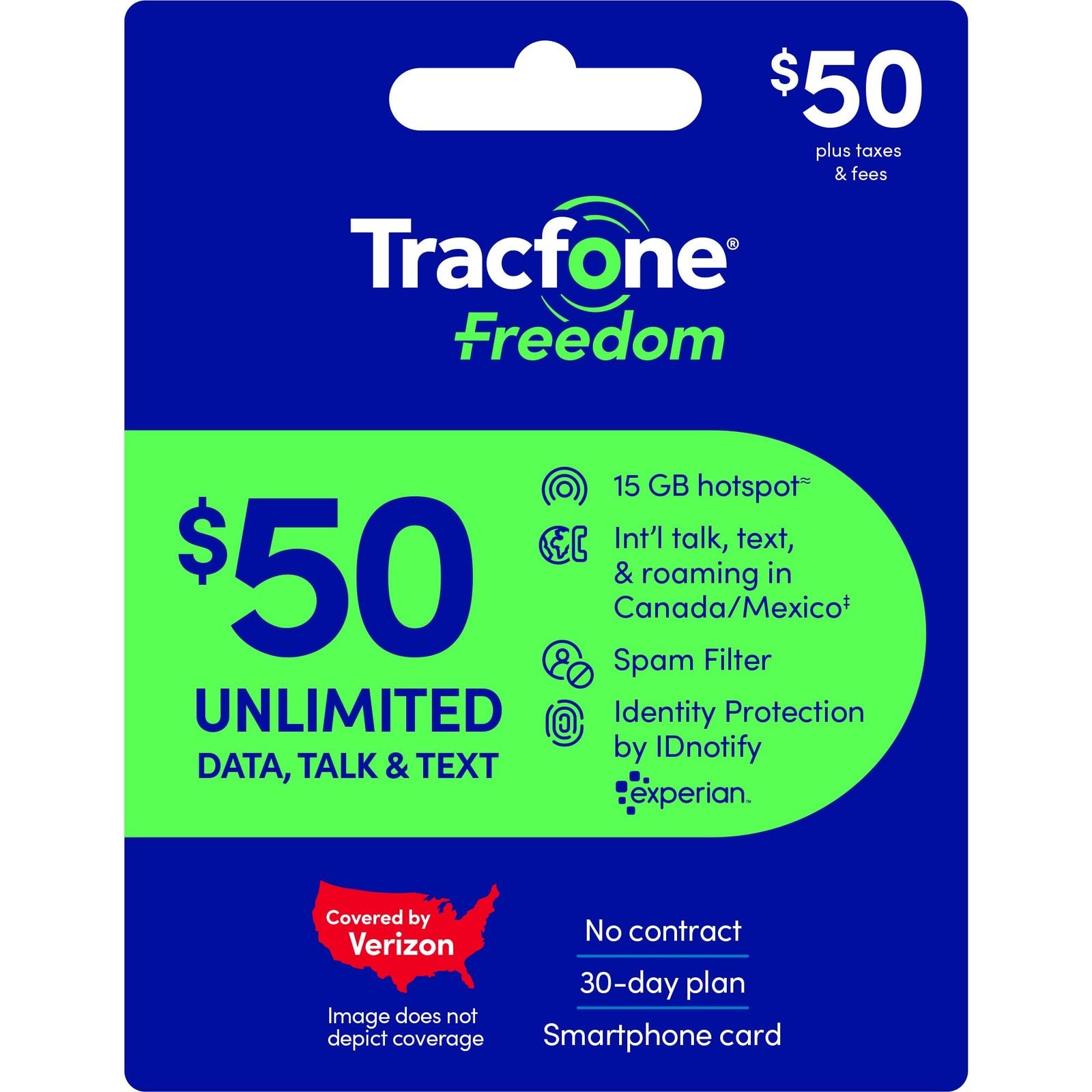 TracFone $50 prepaid 30-day smartphone plan with unlimited talk, text, data, and 15GB hotspot on a smartphone screen.