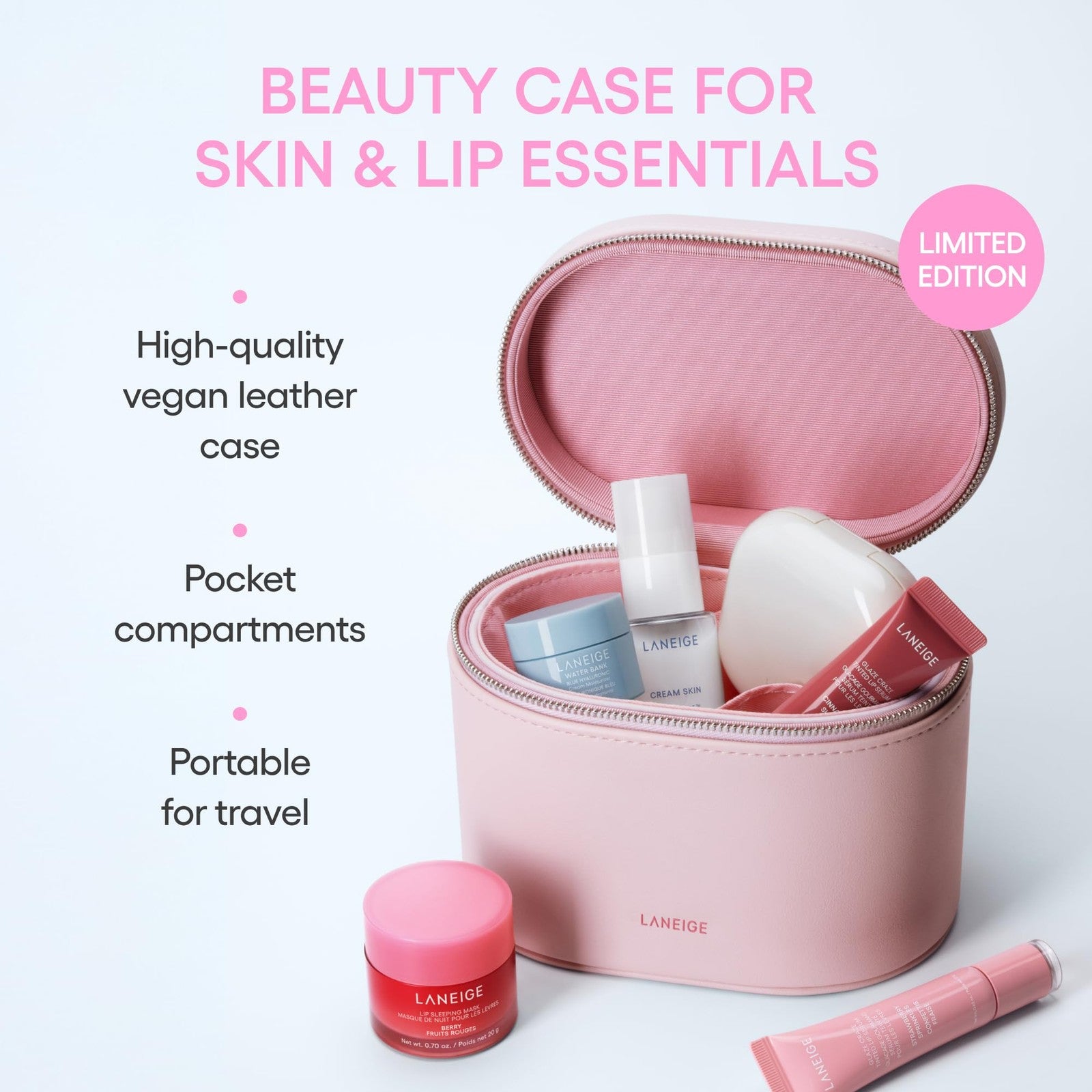 Pink LANEIGE vanity case and cosmetic bag for travel, featuring makeup storage and compact design for easy organization.