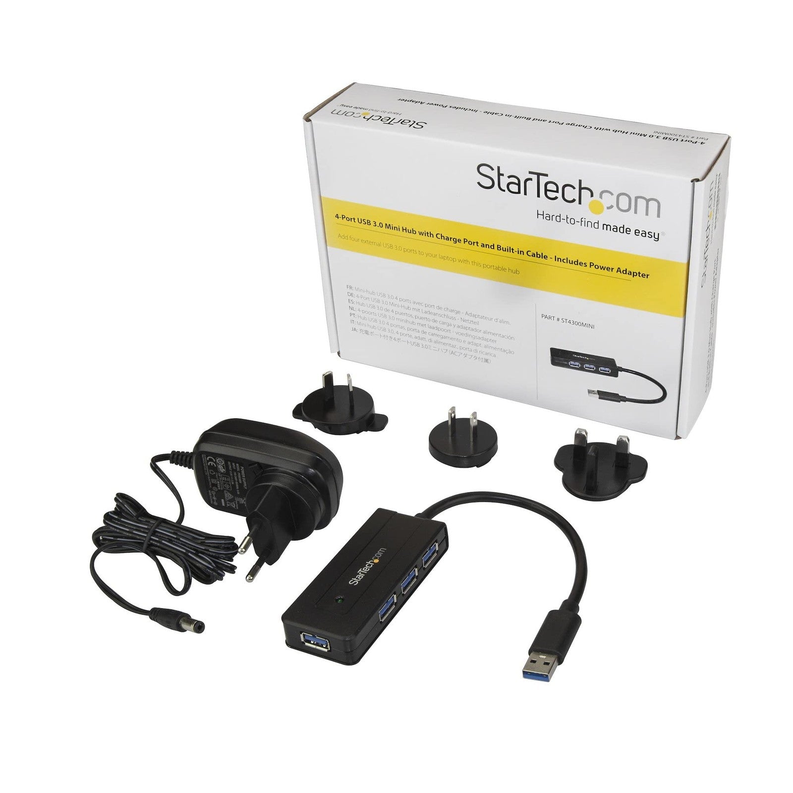 StarTech.com 4 port USB 3.0 hub with SuperSpeed 5Gbps and fast charging, compact portable design with four USB ports visible