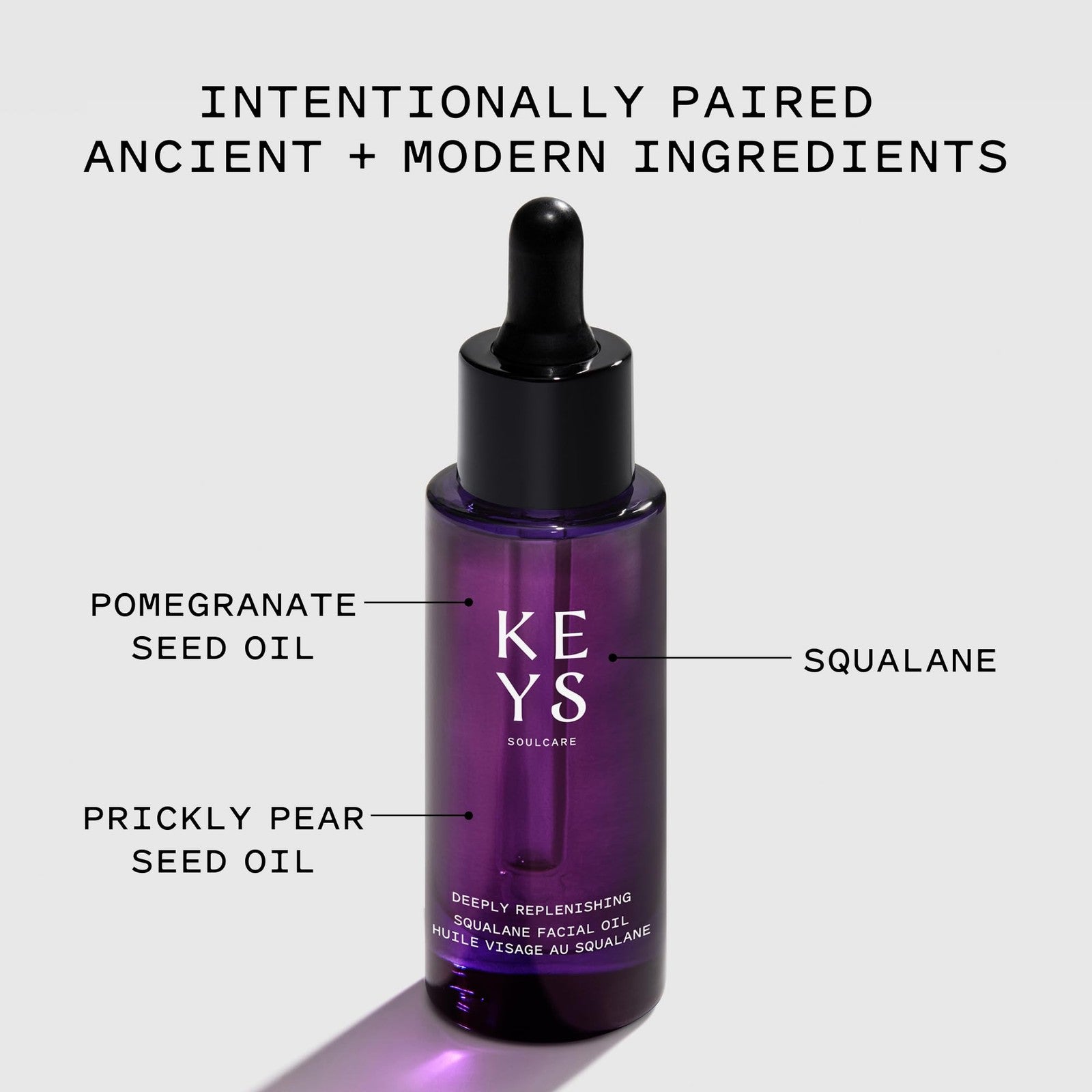 Keys Soulcare Deeply Replenishing Squalane Facial Oil bottle, hydrating skin overnight with nourishing facial oil product.