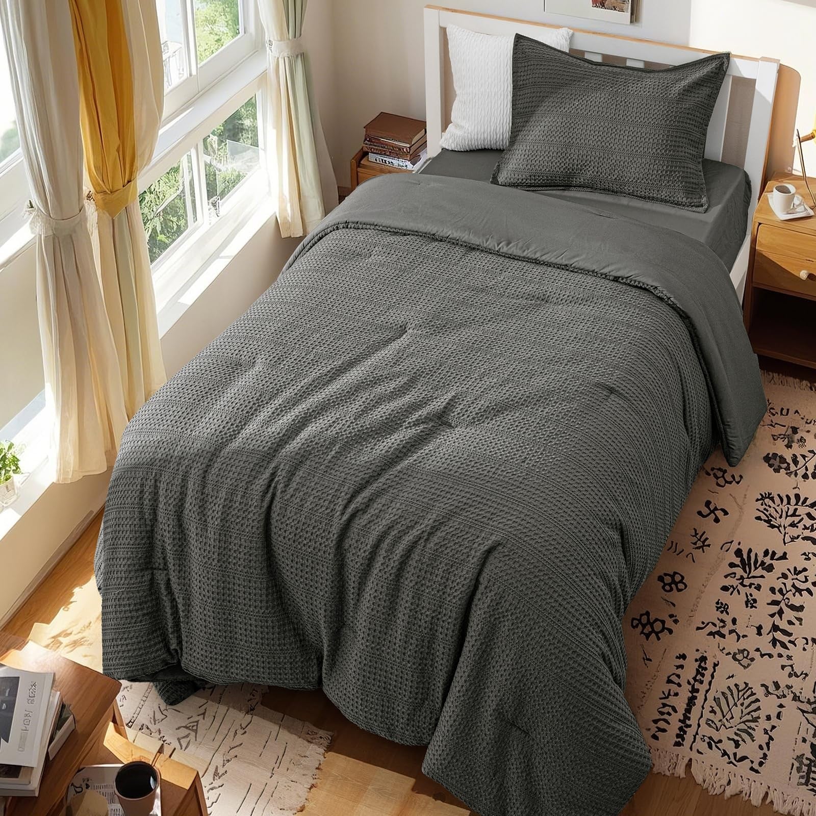 Twin size PHF soft waffle comforter set with breathable waffle weave fabric, designed for cozy, comfortable bedding.