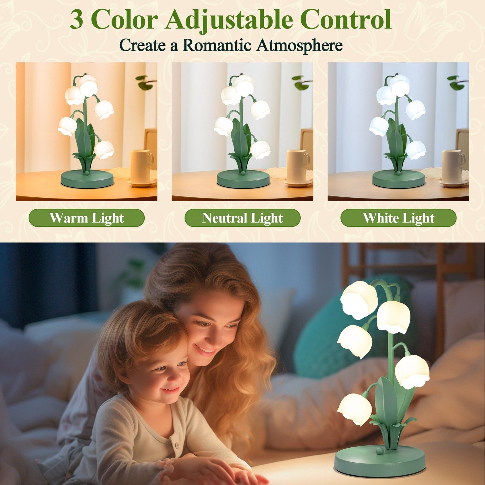 WERFOP Lily of The Valley green flower lamp with 3-color bedside night light, decorative floral LED table lamp for bedroom decor