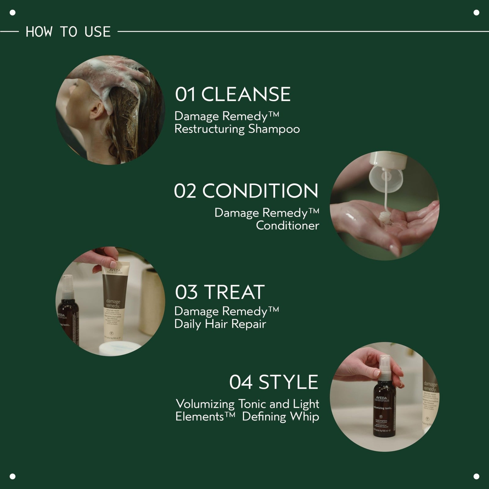 Aveda Damage Remedy Restructuring Conditioner for damaged hair, showing the conditioner bottle with pump dispenser and label.